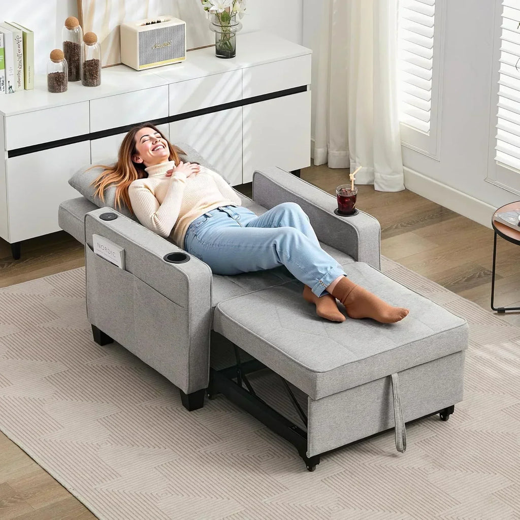 Adult Convertible Sleeper Chair Bed 3-in-1 Pull-Out Sofa Bed with USB/Type-C Ports Cup Holders wourant