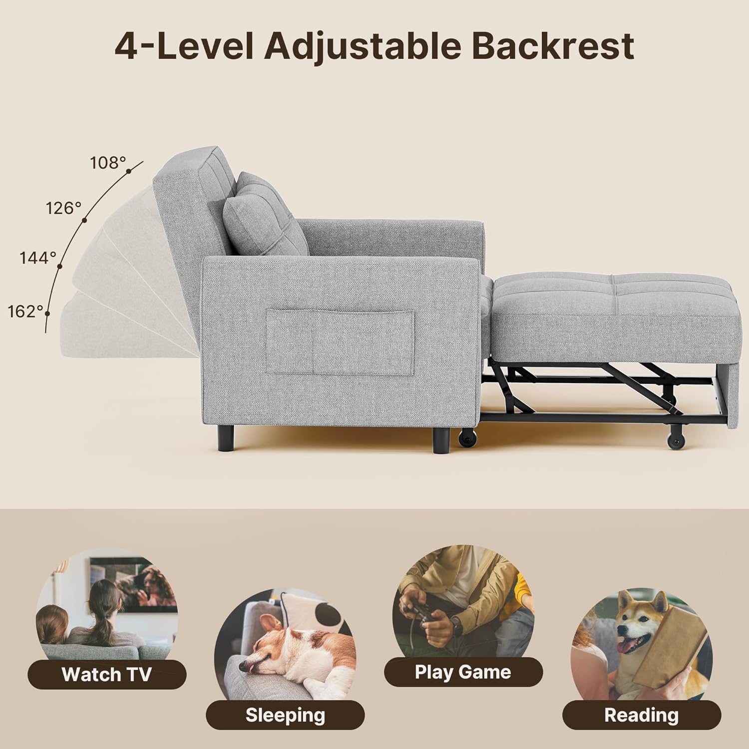 Sofa Bed Chair 3 in 1 Convertible Pullout Single Sleeper Chair Bed Spacious Multifunctional Sofa wourant