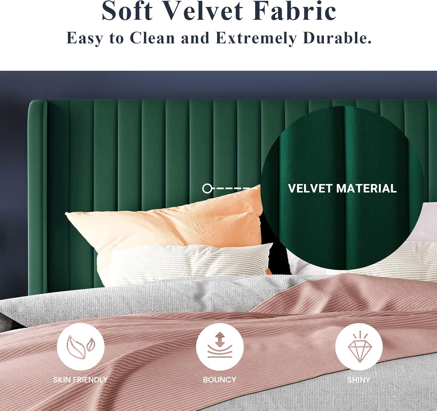 Allewie Full Size Velvet Bed Frame Vertical Channel Tufted Wingback Headboard Upholstered Bed wourant