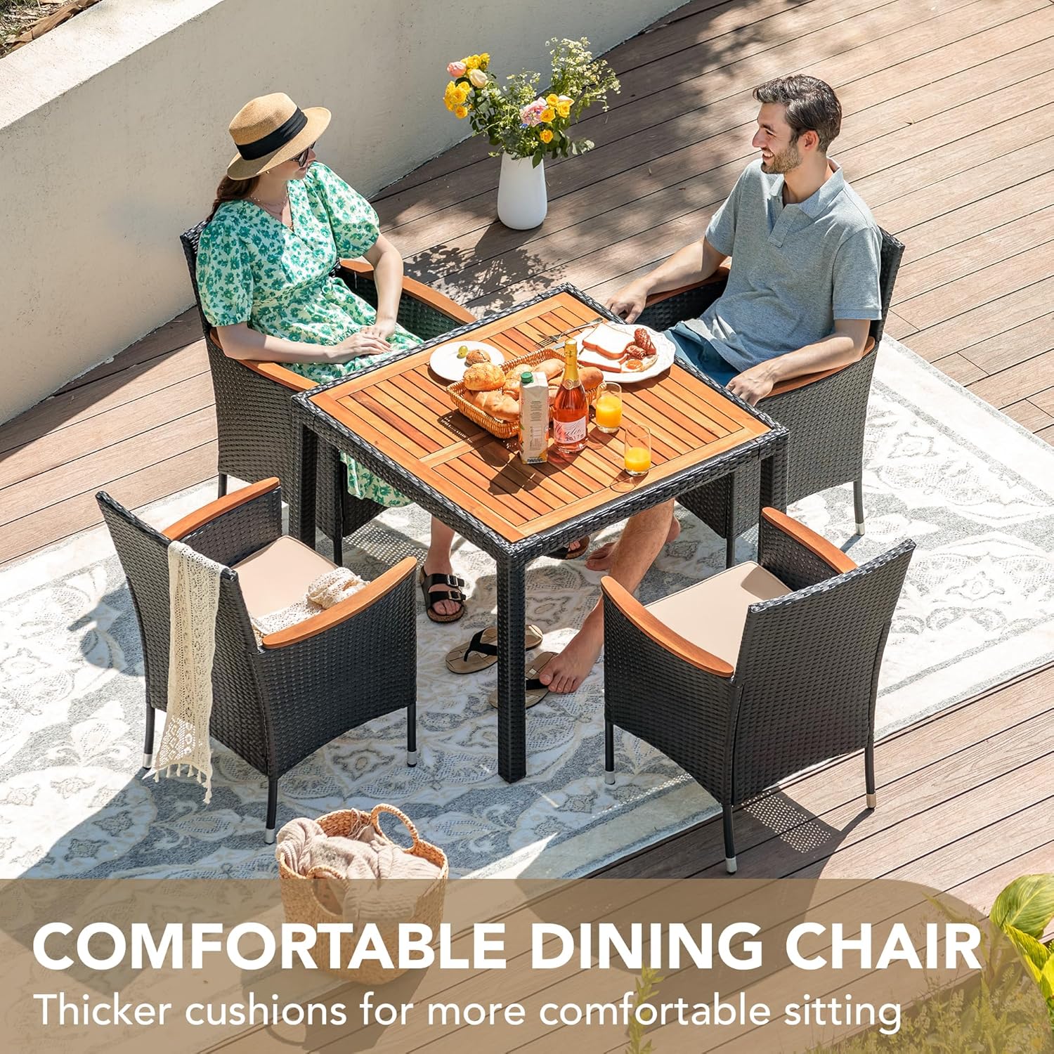 Devoko Dining 7 PCS Furniture Patio Conversation Set with Acacia Wood Table Top Rattan Outdoor wourant
