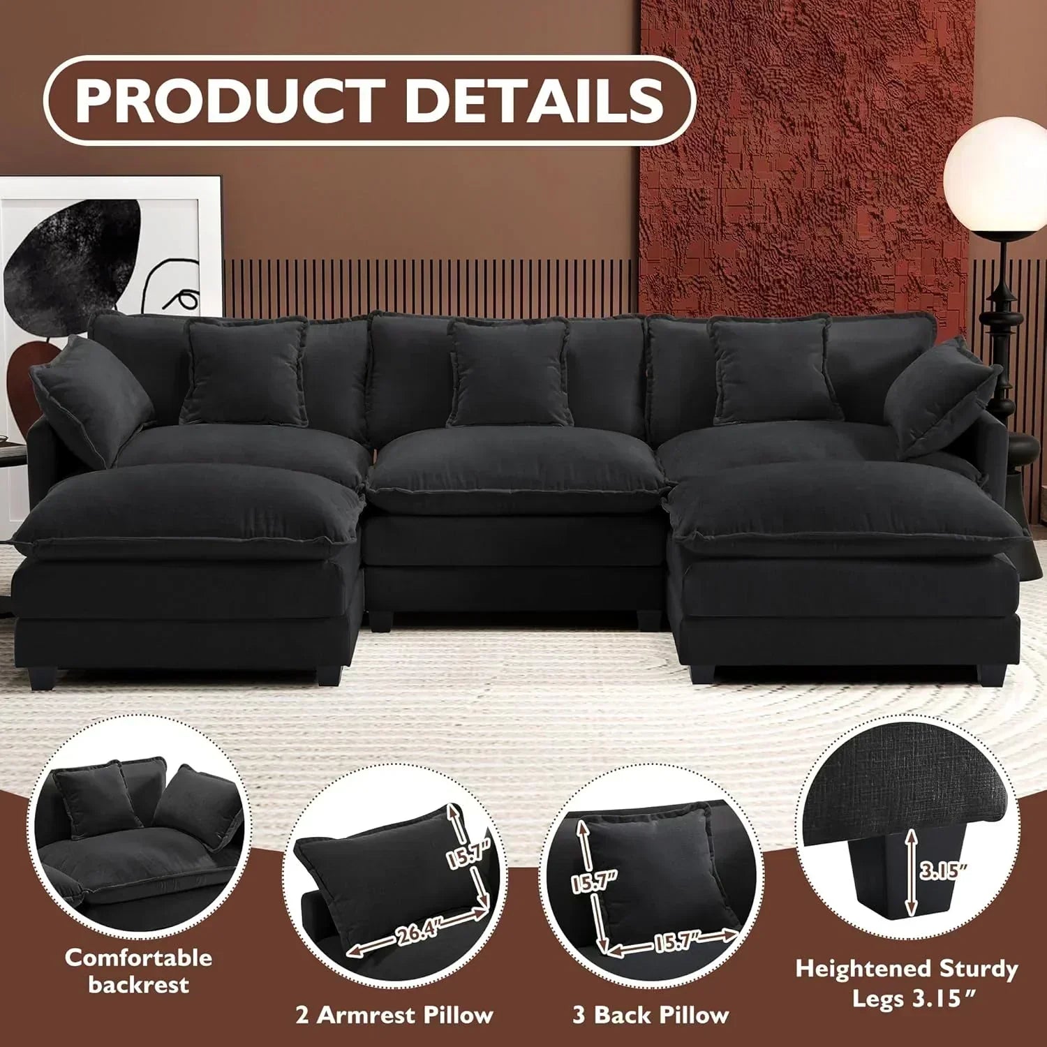 ihanherry 146-inch U-shaped modern sofa modular area cloud sofa wourant