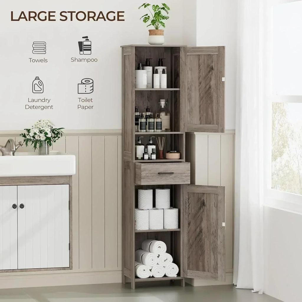 Homhedy 67" H Tall Bathroom Storage Cabinet with 2 Barn Doors and 1 Drawer Narrow Storage Unit wourant