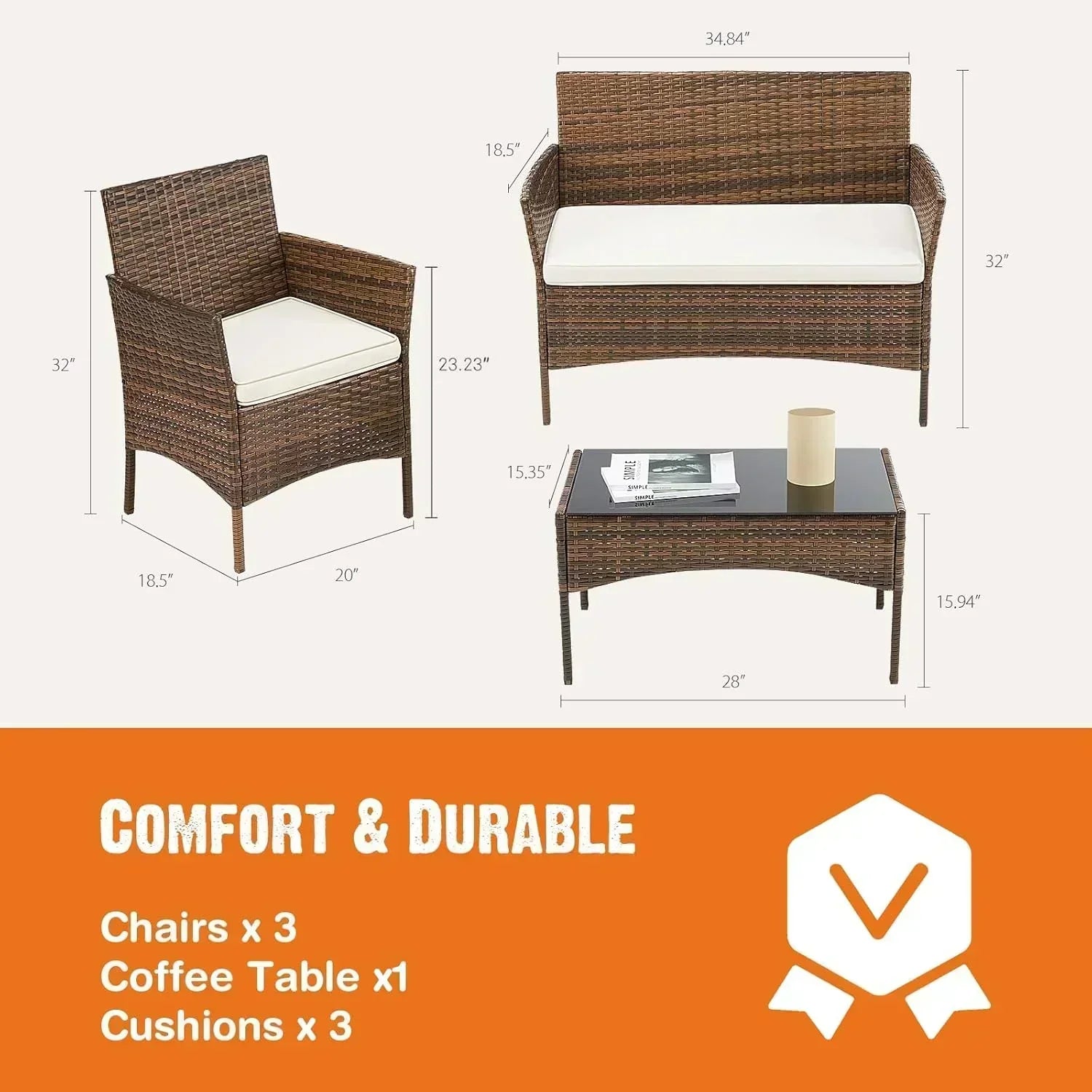 Sweetcripy Patio Furniture Set 3 Pieces Outdoor Furniture with Soft Cushion and Glass Table wourant