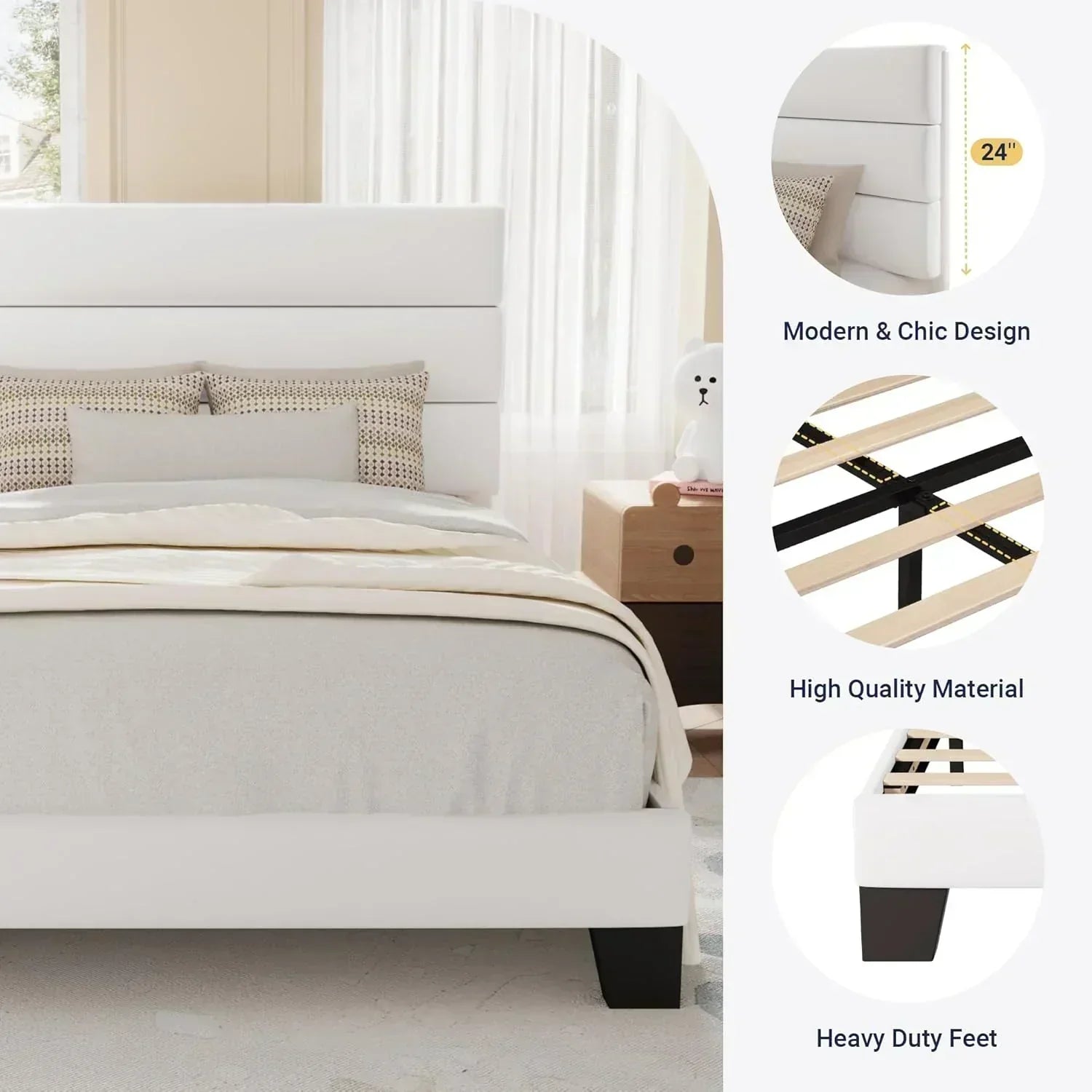 Allewie Queen Size Platform Bed Frame with Fabric Upholstered Headboard Wooden Slats Support wourant