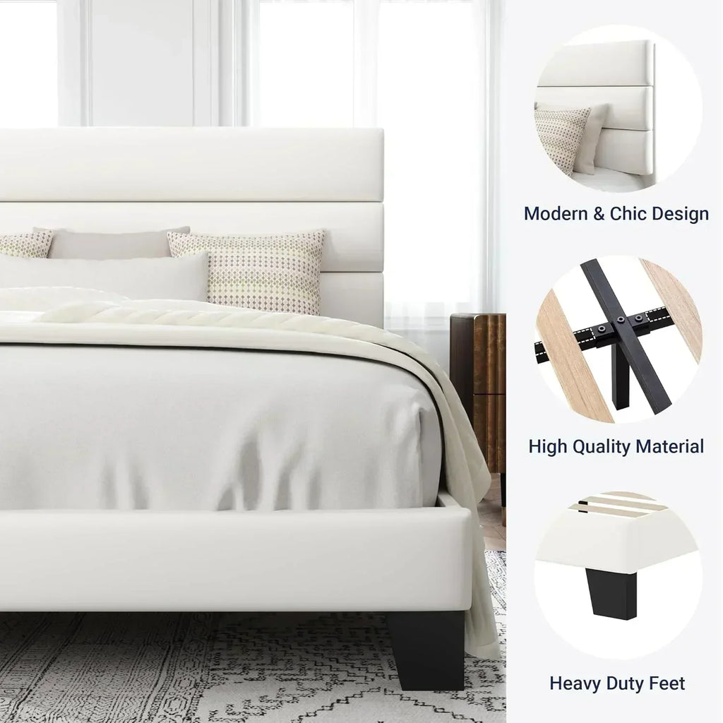 Allewie Queen Size Platform Bed Frame with Fabric Upholstered Headboard Wooden Slats Support wourant