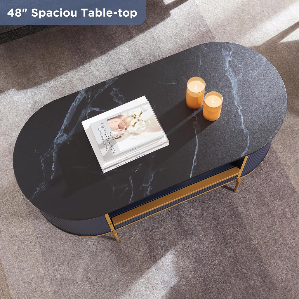 OKD Modern Luxury Grooved Coffee Table 48 Inch Oval Coffee Table Drawers Imitation Marble Top wourant