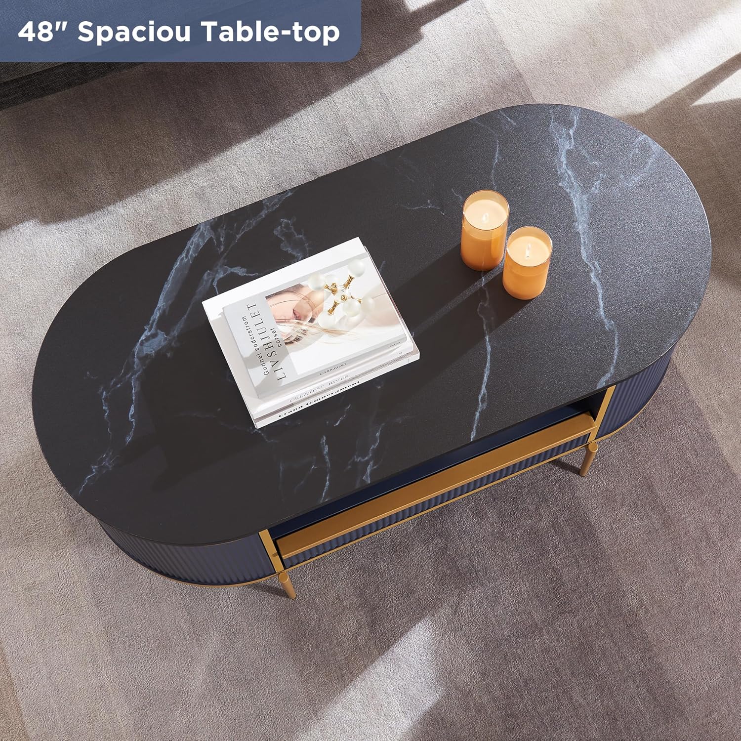 OKD Modern Luxury Grooved Coffee Table 48 Inch Oval Coffee Table Drawers Imitation Marble Top wourant