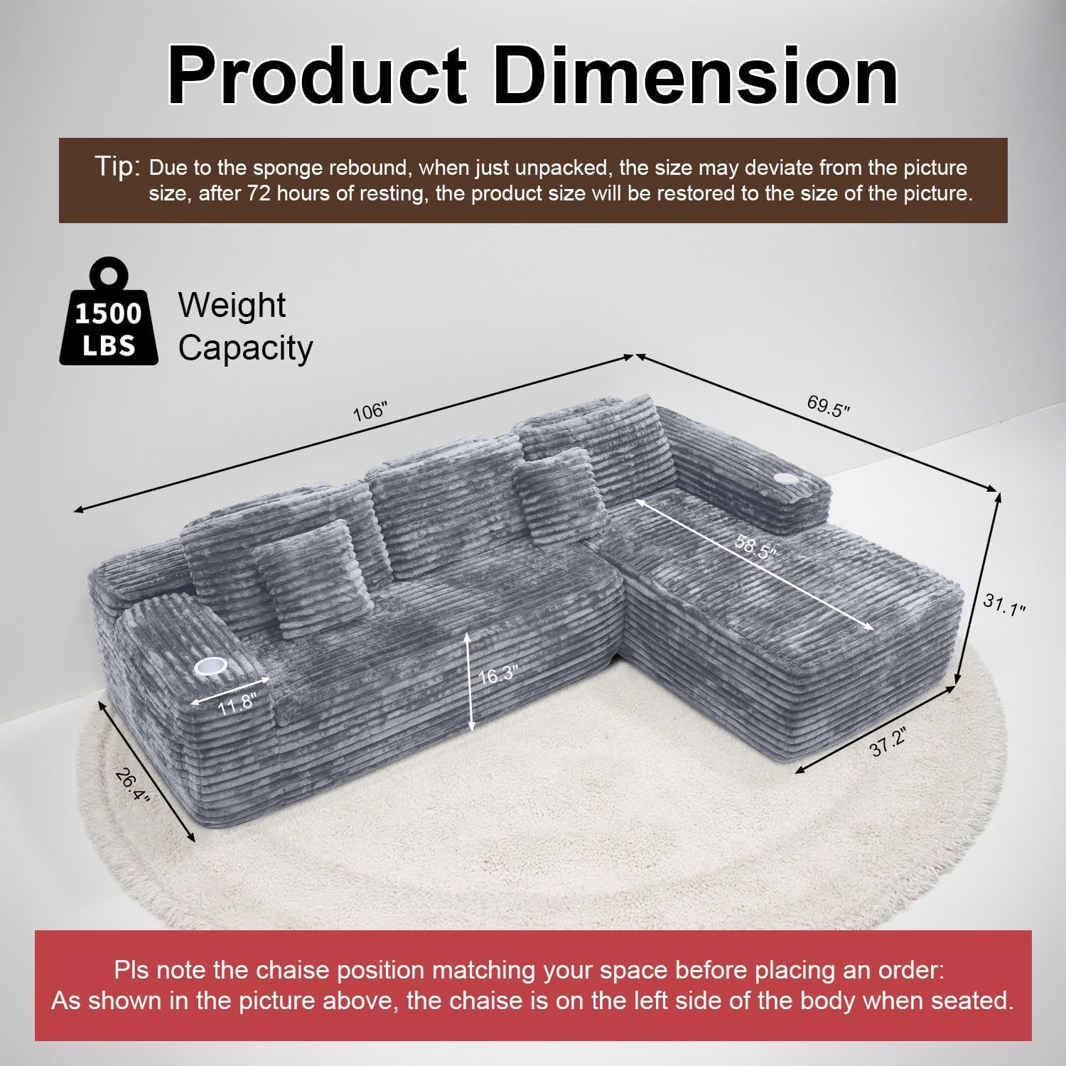 Cloud section sofa with L-shaped recliner modern modular sofa built-in cup holder wourant