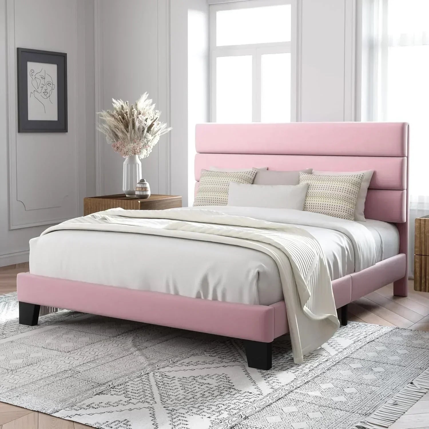 Allewie King size platform bed frame with velvet upholstered headboard and planks wourant