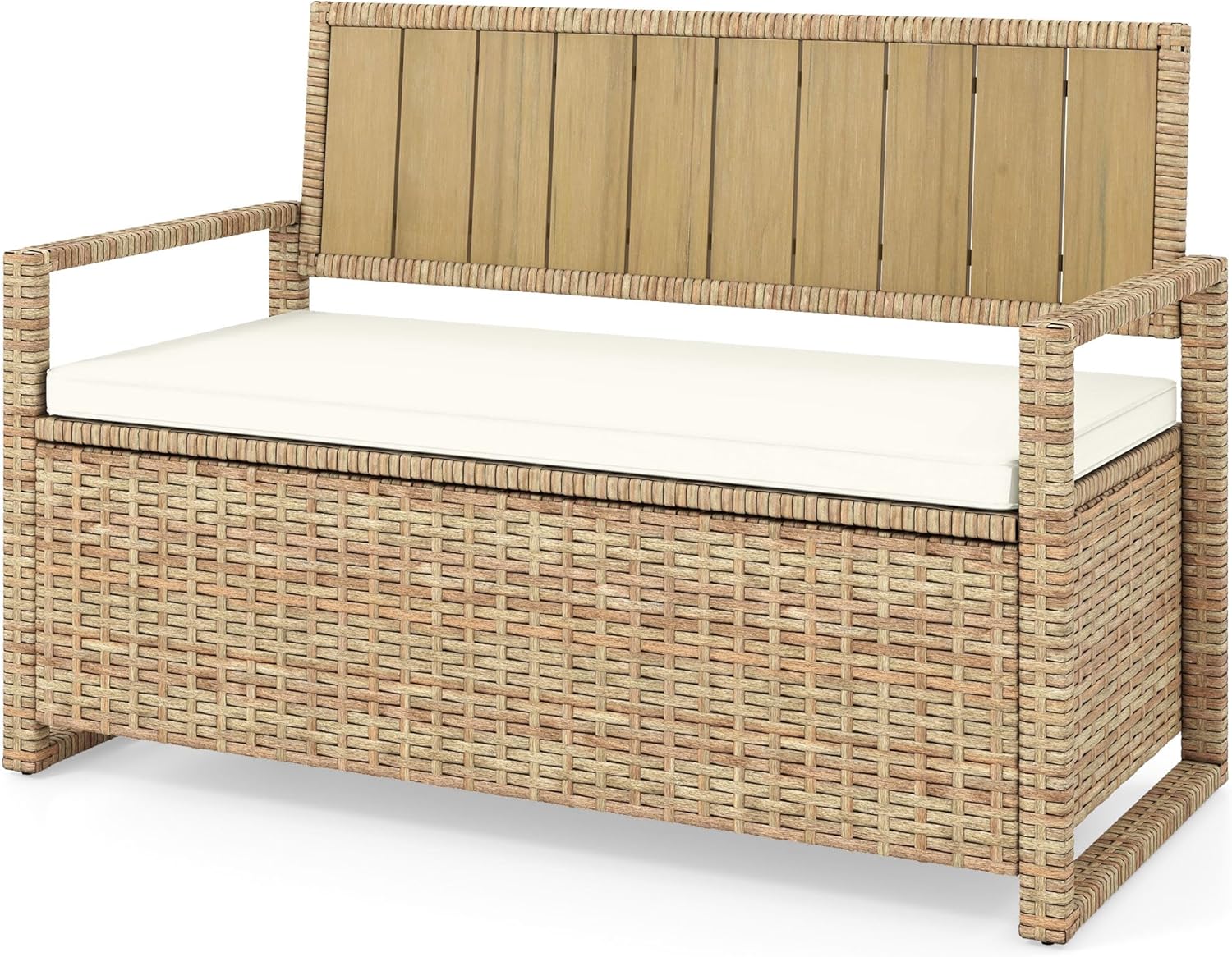 DWVO 70Gal Outdoor Storage Bench with Cushion Composite Wood Backrest Wicker Deck Bench wourant