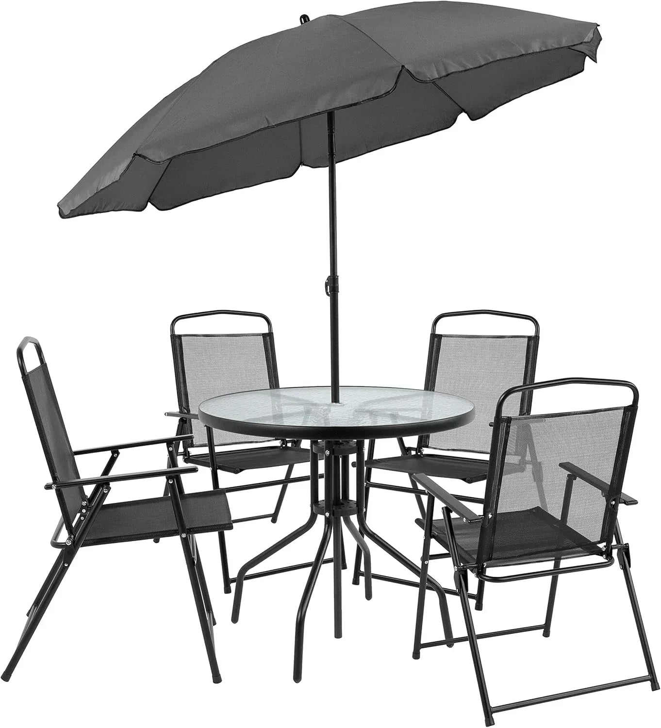 EMMA + OLIVER 6 Piece Brown Patio Garden Set with Umbrella Table Set of 4 Folding Chairs wourant