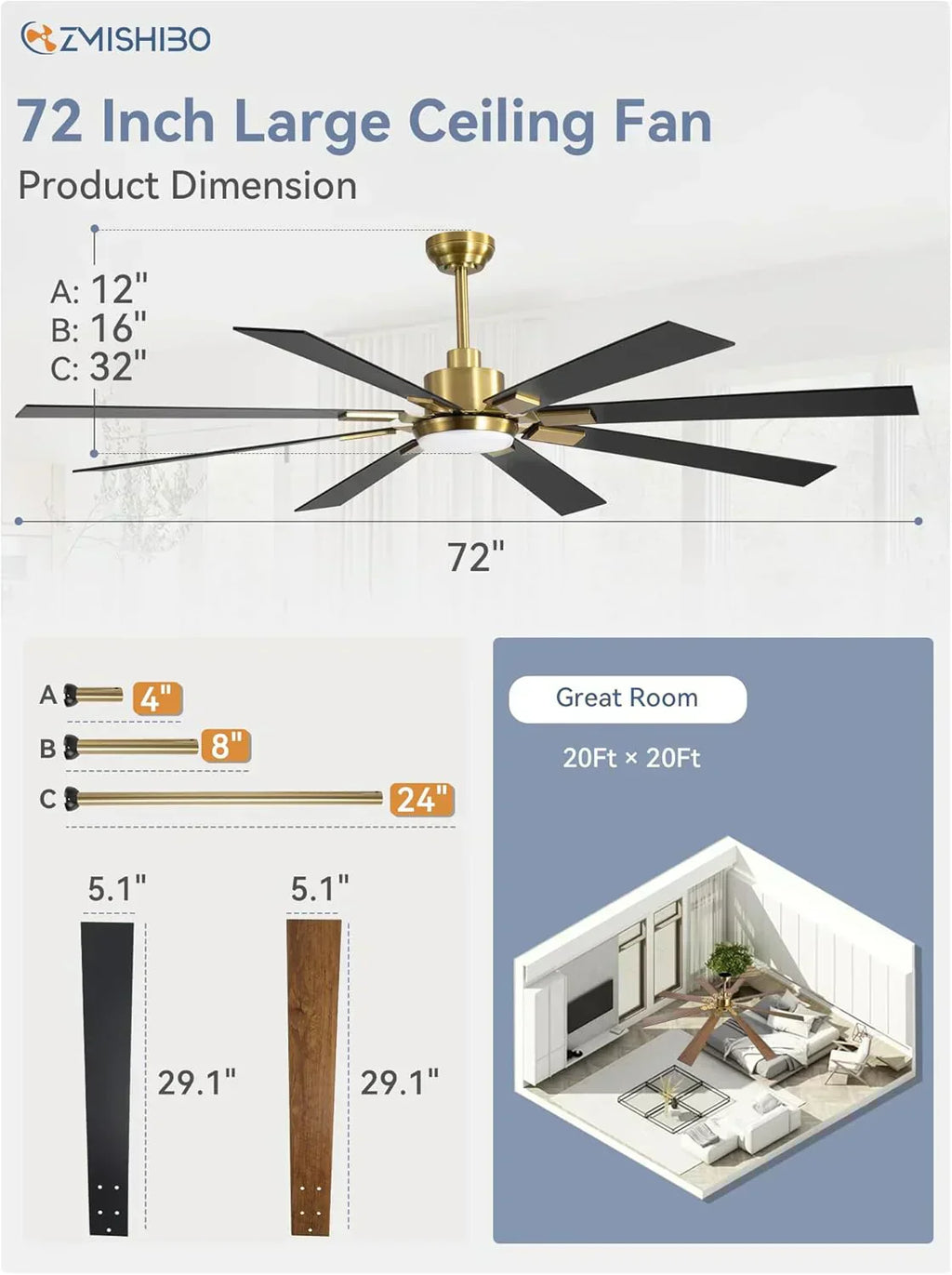 Zmishibo 72-inch large ceiling fan with lighting and remote indoor/outdoor wourant
