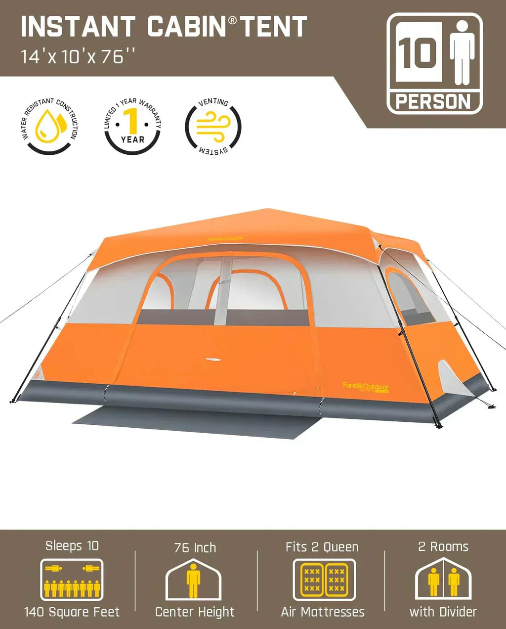 Portable camping tent for 4/6/8/10 people with instant cabin and rainproof and windproof wourant