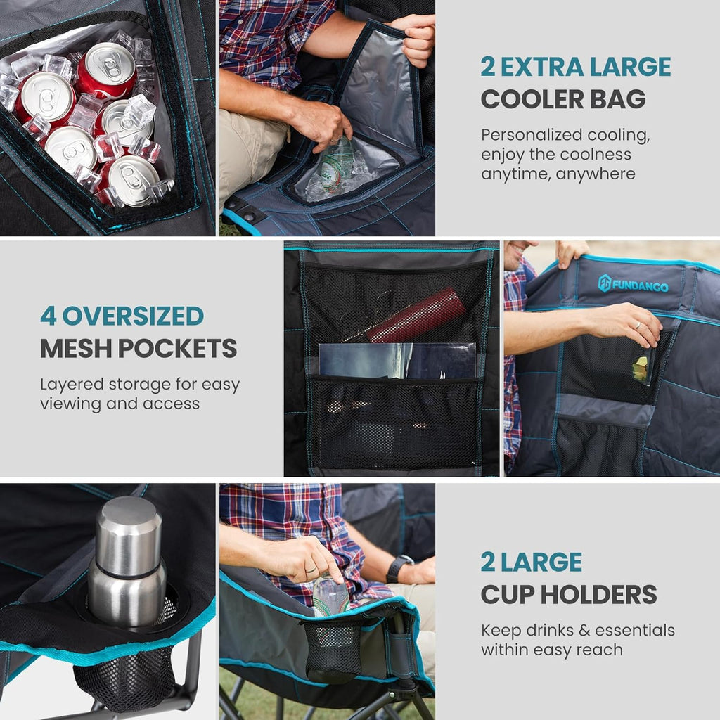 Double Camping Chair Cooler 3-Person Folding Extra Large Camping Chair 1000-Pound Capacity wourant