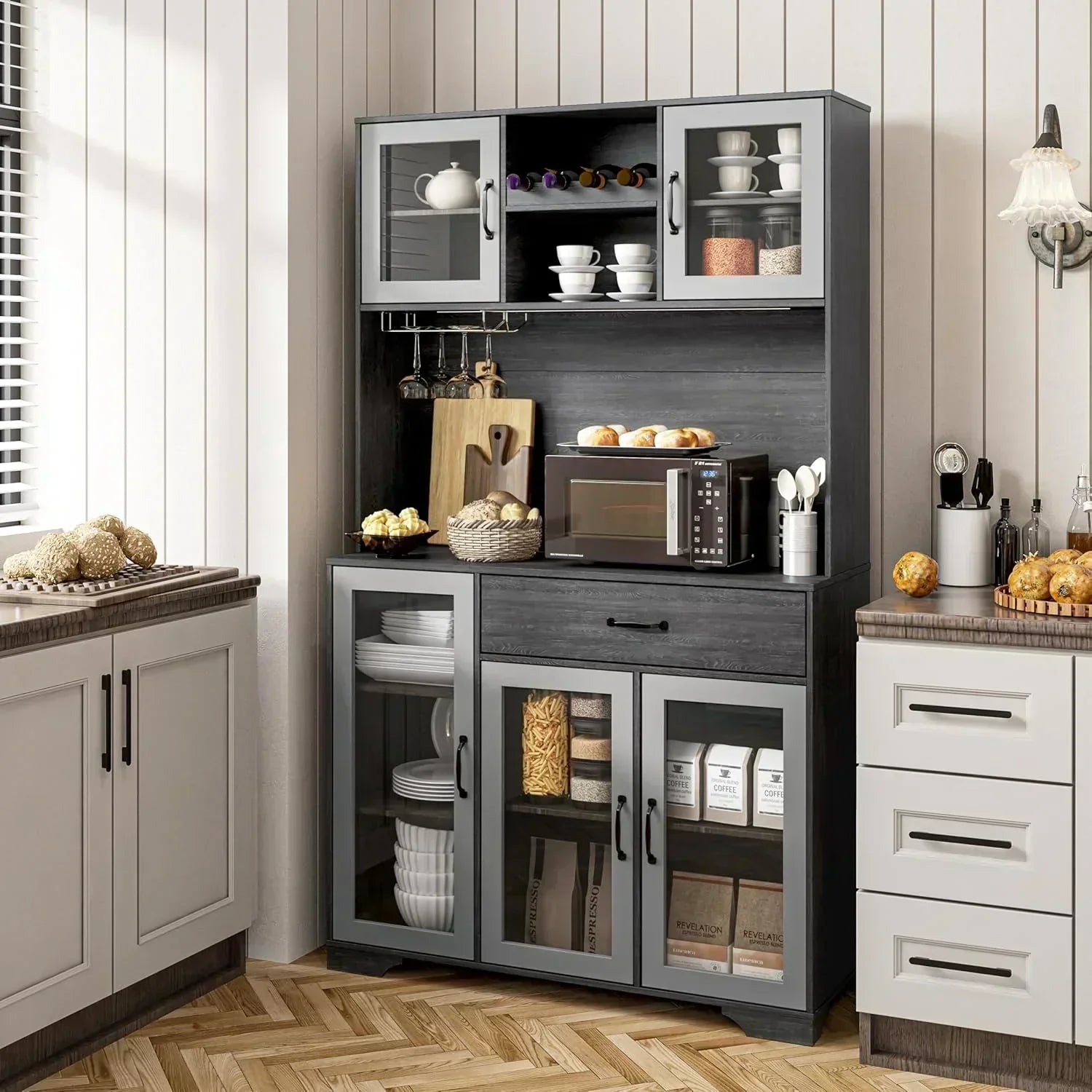 Kitchen Hutch Pantry Cabinet 71" Tall with Glass Doors wourant