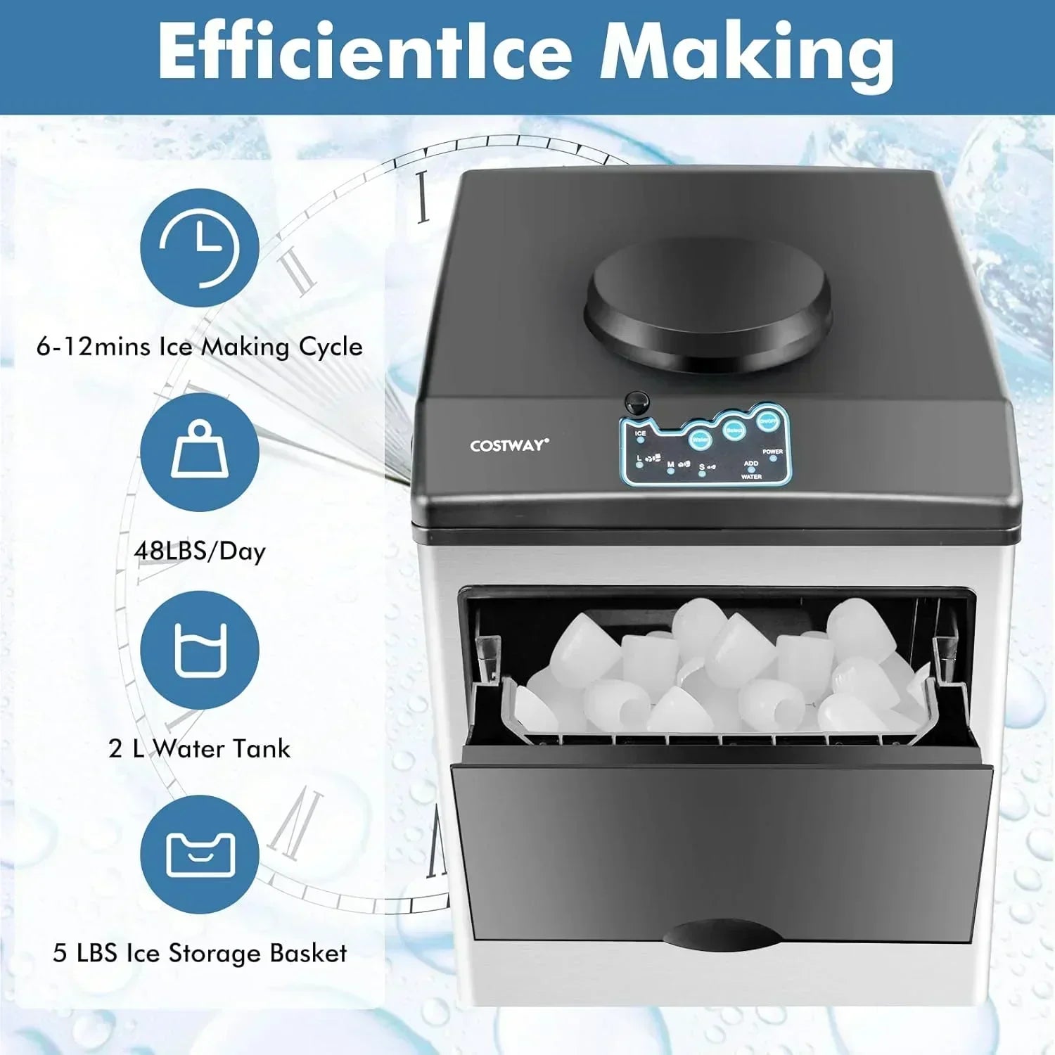 COSTWAY Countertop Ice Maker with Water Dispenser 3 Sizes Bullet Shaped Ice 48lbs/Day wourant