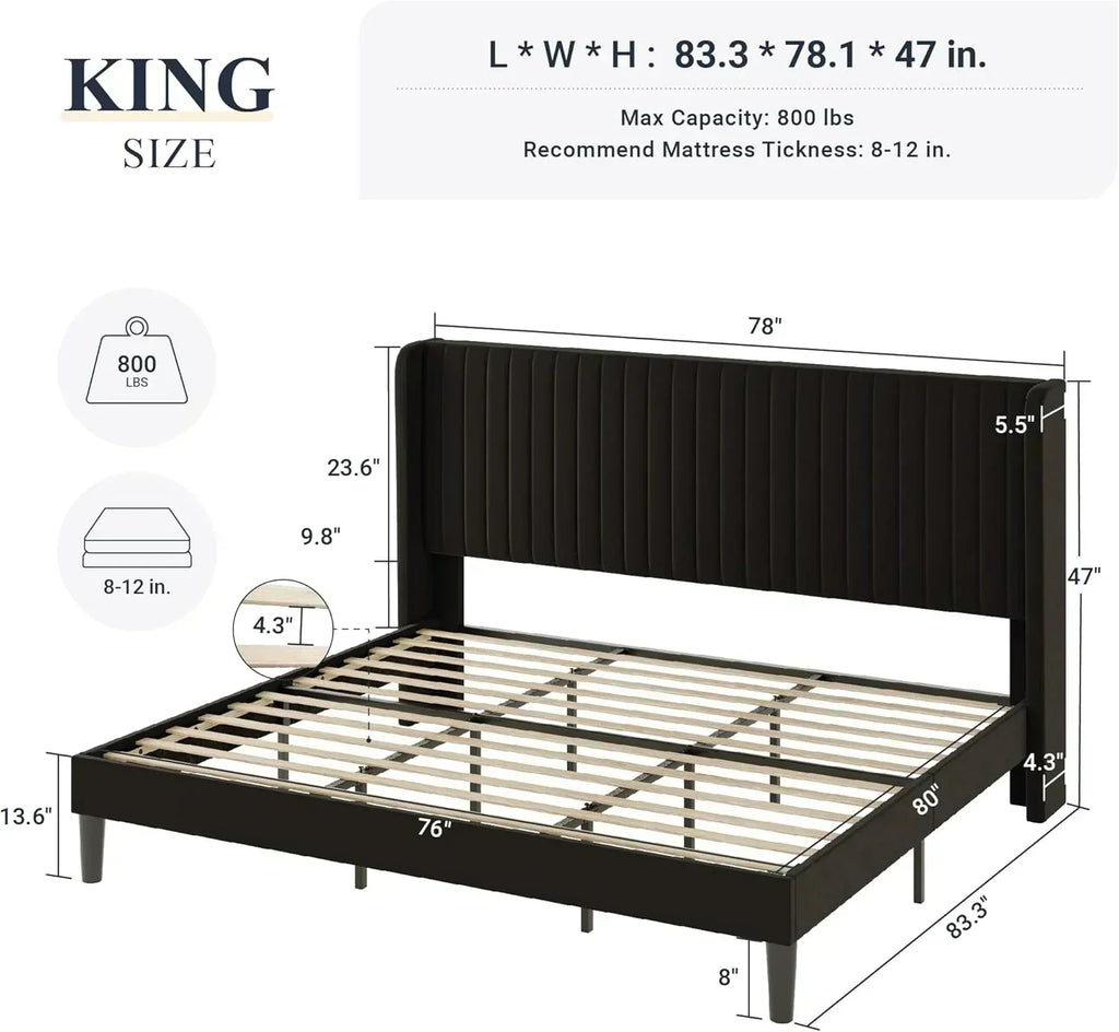 Allewie Full Size Velvet Bed Frame Vertical Channel Tufted Wingback Headboard Upholstered Bed wourant