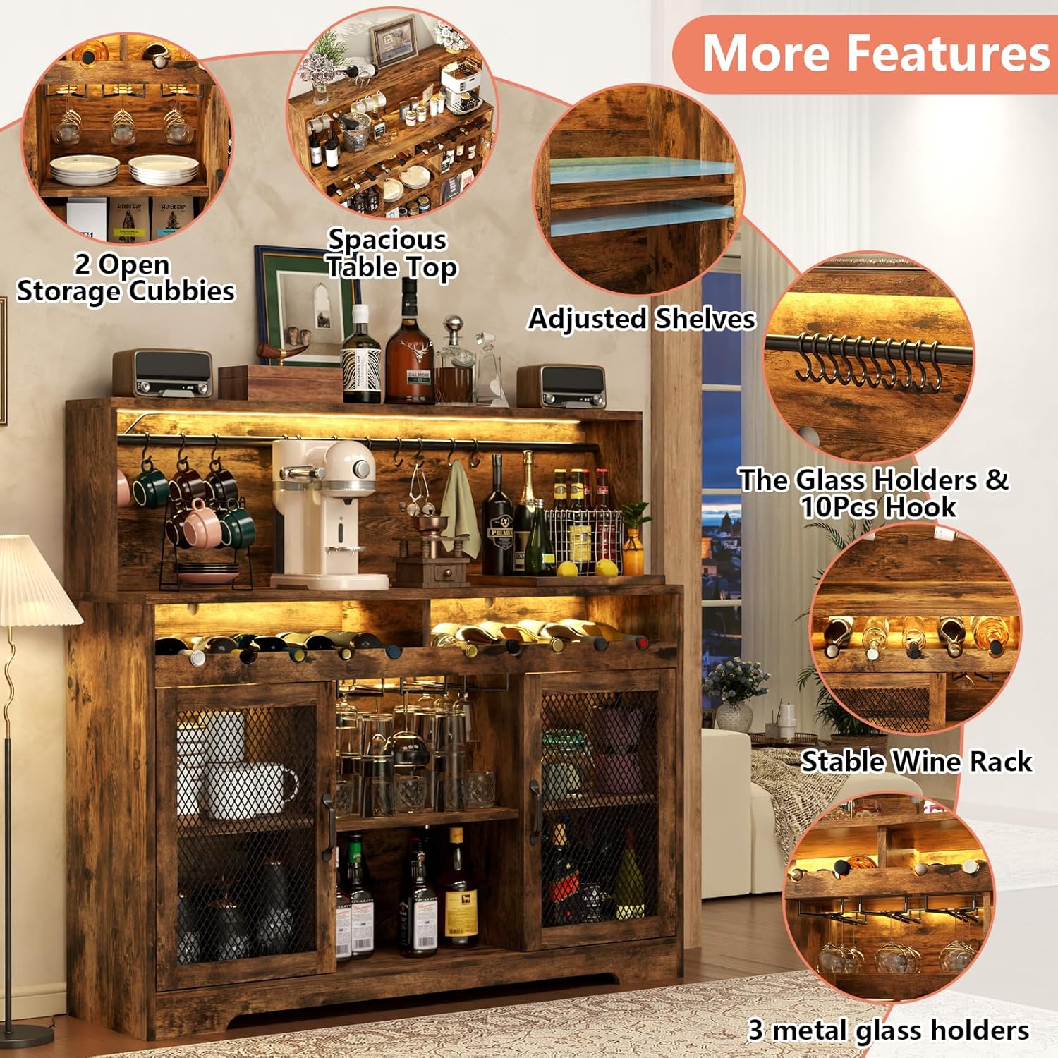 Wine Bar Cabinet with LED Light Liquor Cabinet with Glass Holder Coffee Bar for Liquor wourant