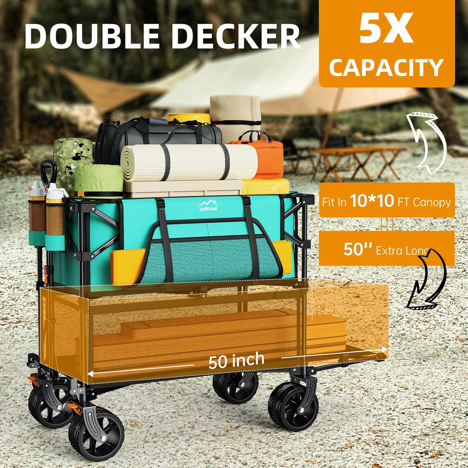 Foldable 50''L Extra Long Double Decker Wagon for Sport 400L Collapsible Heavy Duty Wagon Cart wourant