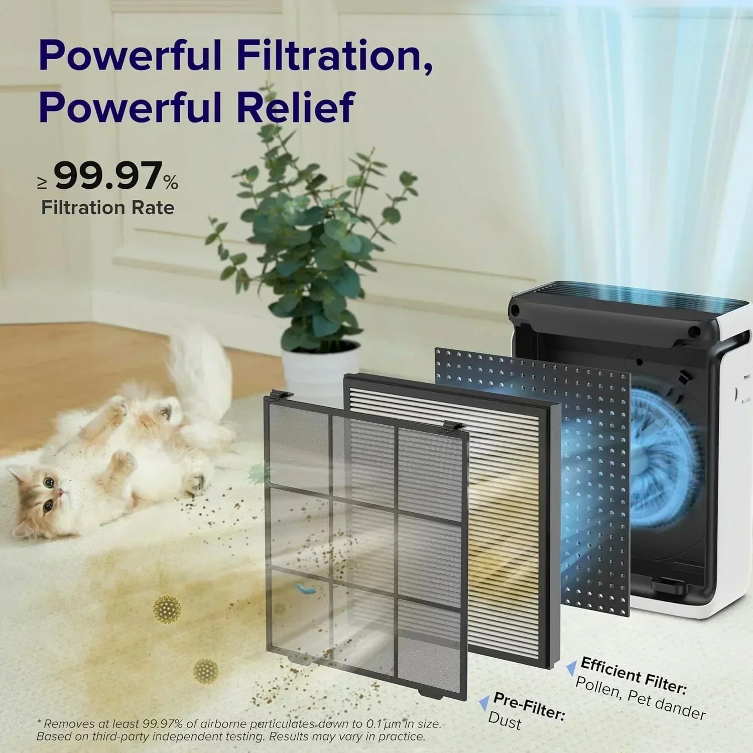 Large-room air purifier for home use with air quality monitor washable pre-filter wourant