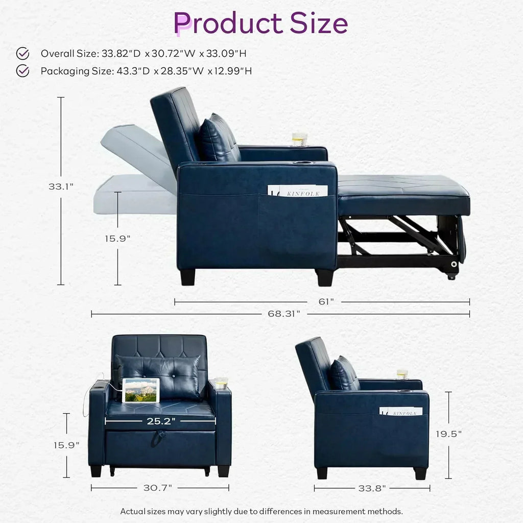 Adult Convertible Sleeper Chair Bed 3-in-1 Pull-Out Sofa Bed with USB/Type-C Ports Cup Holders wourant