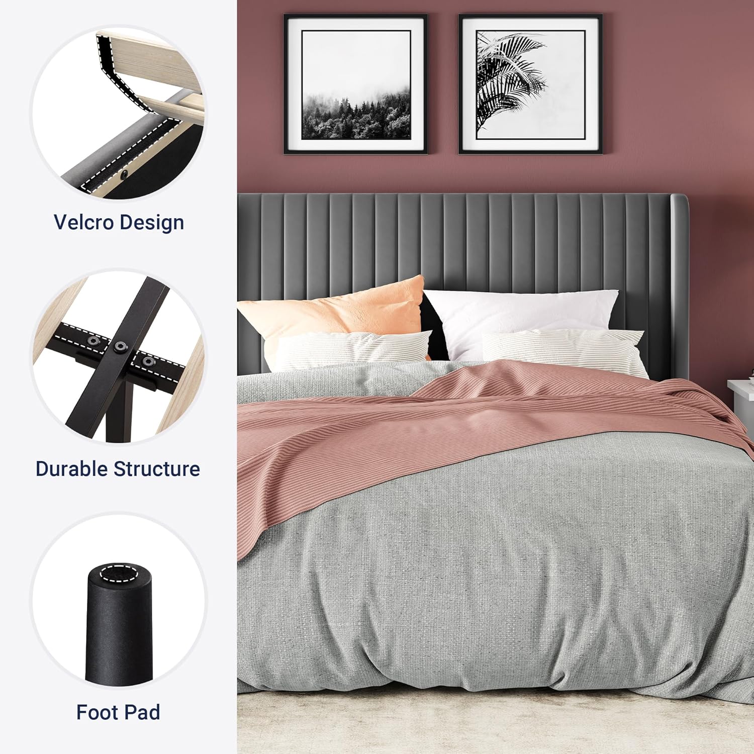 Allewie Full Size Velvet Bed Frame Vertical Channel Tufted Wingback Headboard Upholstered Bed wourant