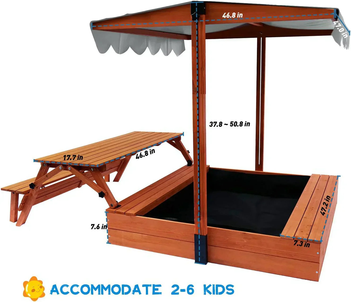 Wooden Kids Sandbox with Lid Outdoor Sand Box with Picnic Table Foldable Sandpit with Cover wourant