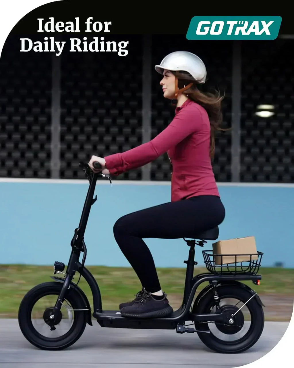 Gotrax adult electric scooter with seat maximum range of 19-25 miles all-terrain tires wide pedals wourant