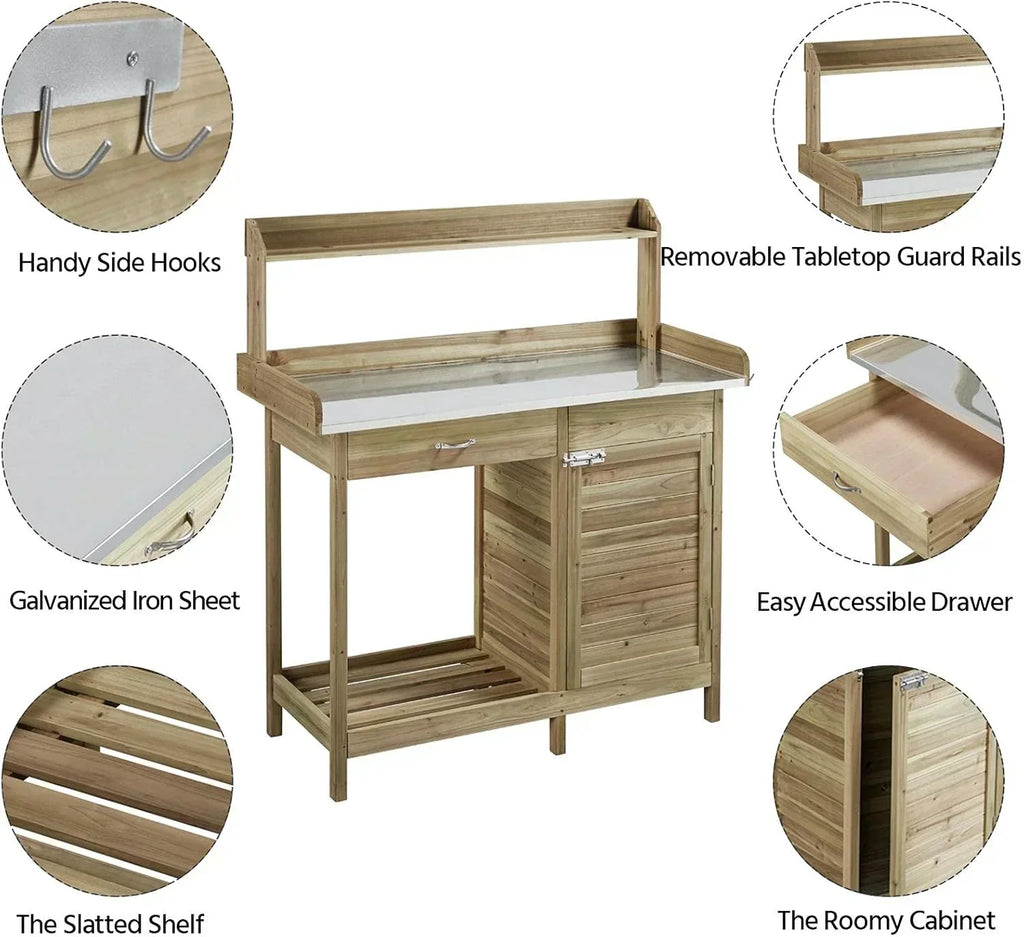 Yaheetech Outdoor Garden Potting Bench Table Work Bench Metal Tabletop Cabinet Drawer wourant