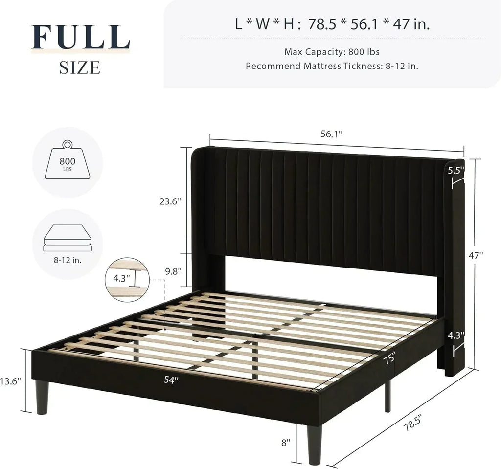 Allewie Full Size Velvet Bed Frame Vertical Channel Tufted Wingback Headboard Upholstered Bed wourant