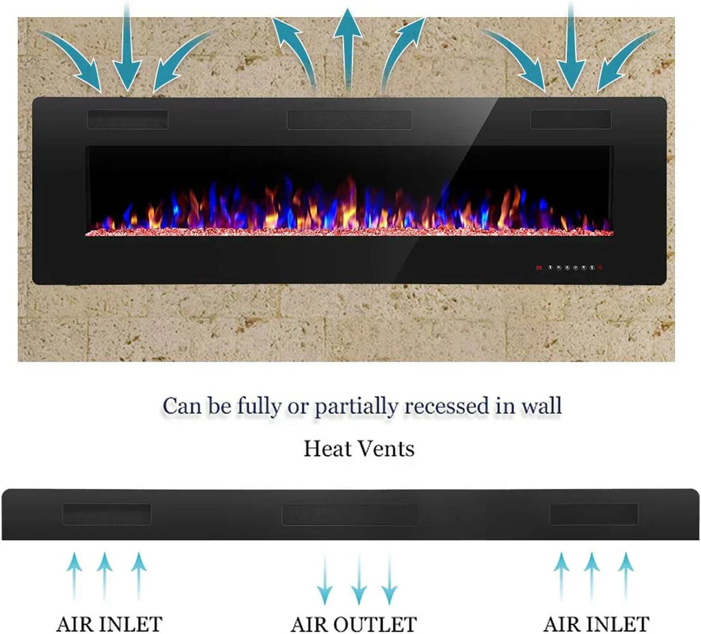 R.W.FLAME 60" Recessed and Wall Mounted Electric Fireplace Low Noise Fit for 2 x 6 Stud wourant