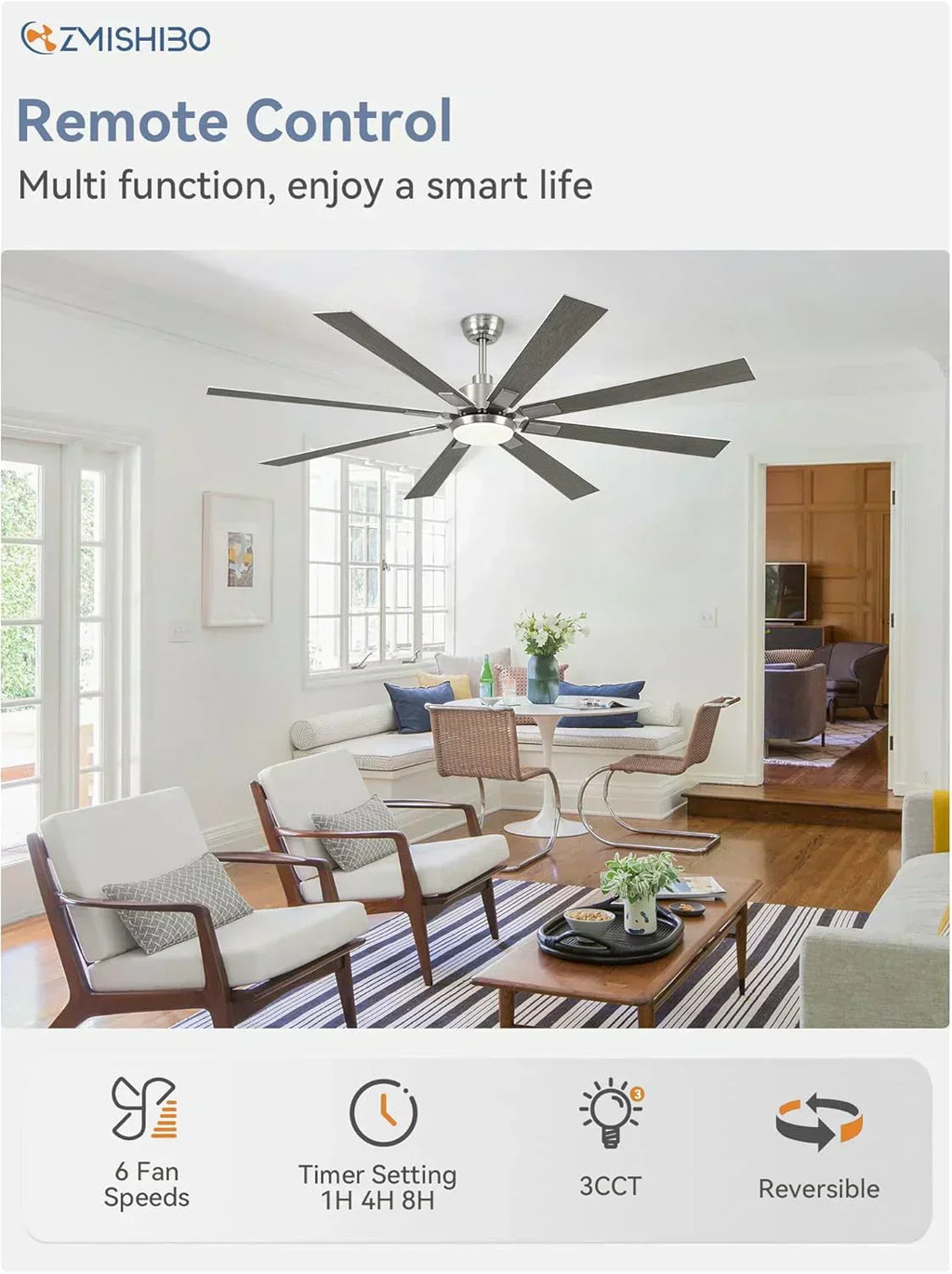 Zmishibo 72-inch large ceiling fan with lighting and remote indoor/outdoor wourant
