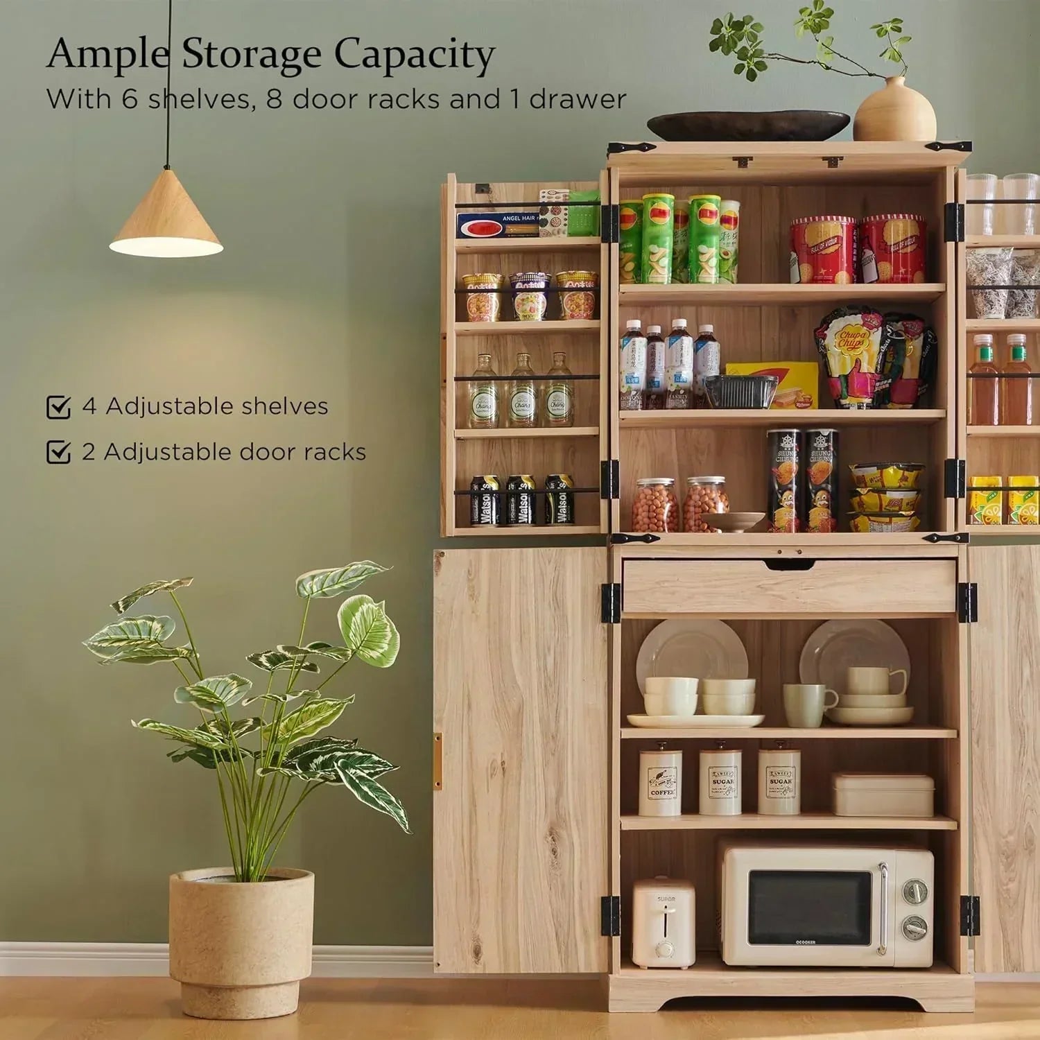 Fluted Pantry Cabinet 72" Tall Modern Storage Cabinet with 4 Doors Organizer Drawer wourant