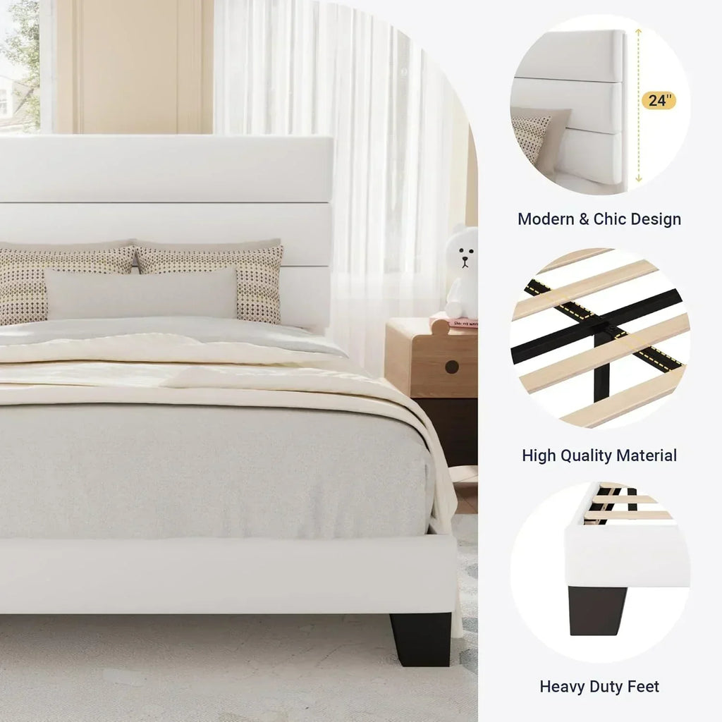Allewie King size platform bed frame with velvet upholstered headboard and planks wourant