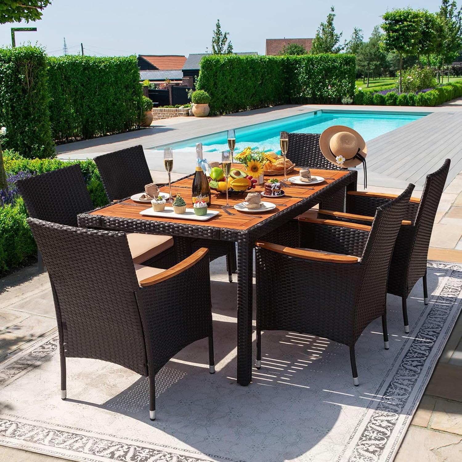 Devoko Dining 7 PCS Furniture Patio Conversation Set with Acacia Wood Table Top Rattan Outdoor wourant