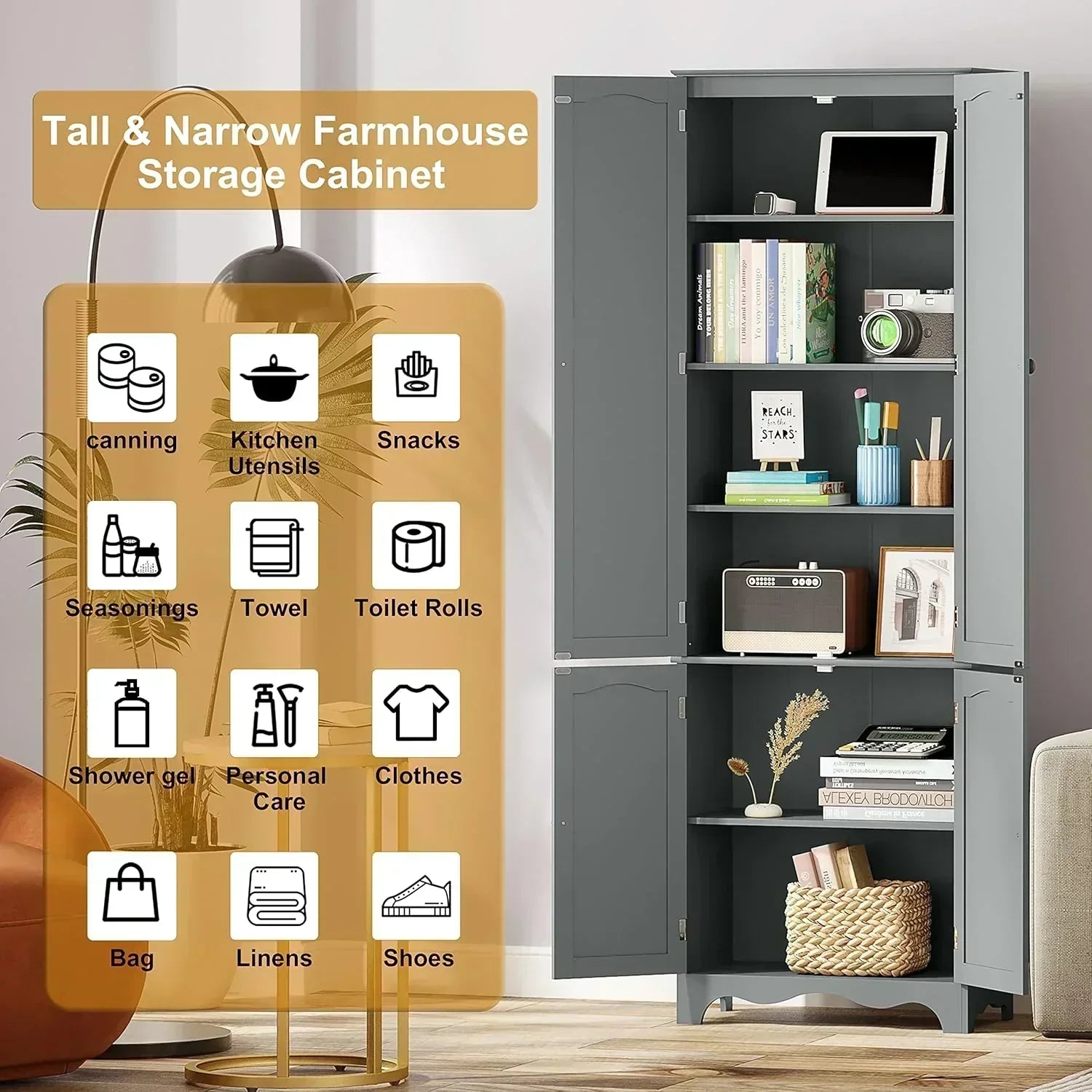 Tall Pantry Cabinet Freestanding Storage Cabinet Wooden Kitchen Pantry with 4 Doors wourant