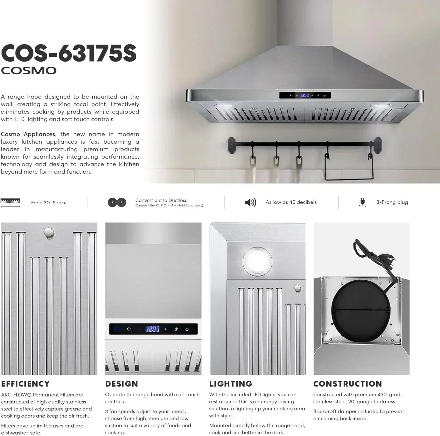 COSMO 30" Vista Series 380 CFM Ducted Wall-Mount Range Hood wourant