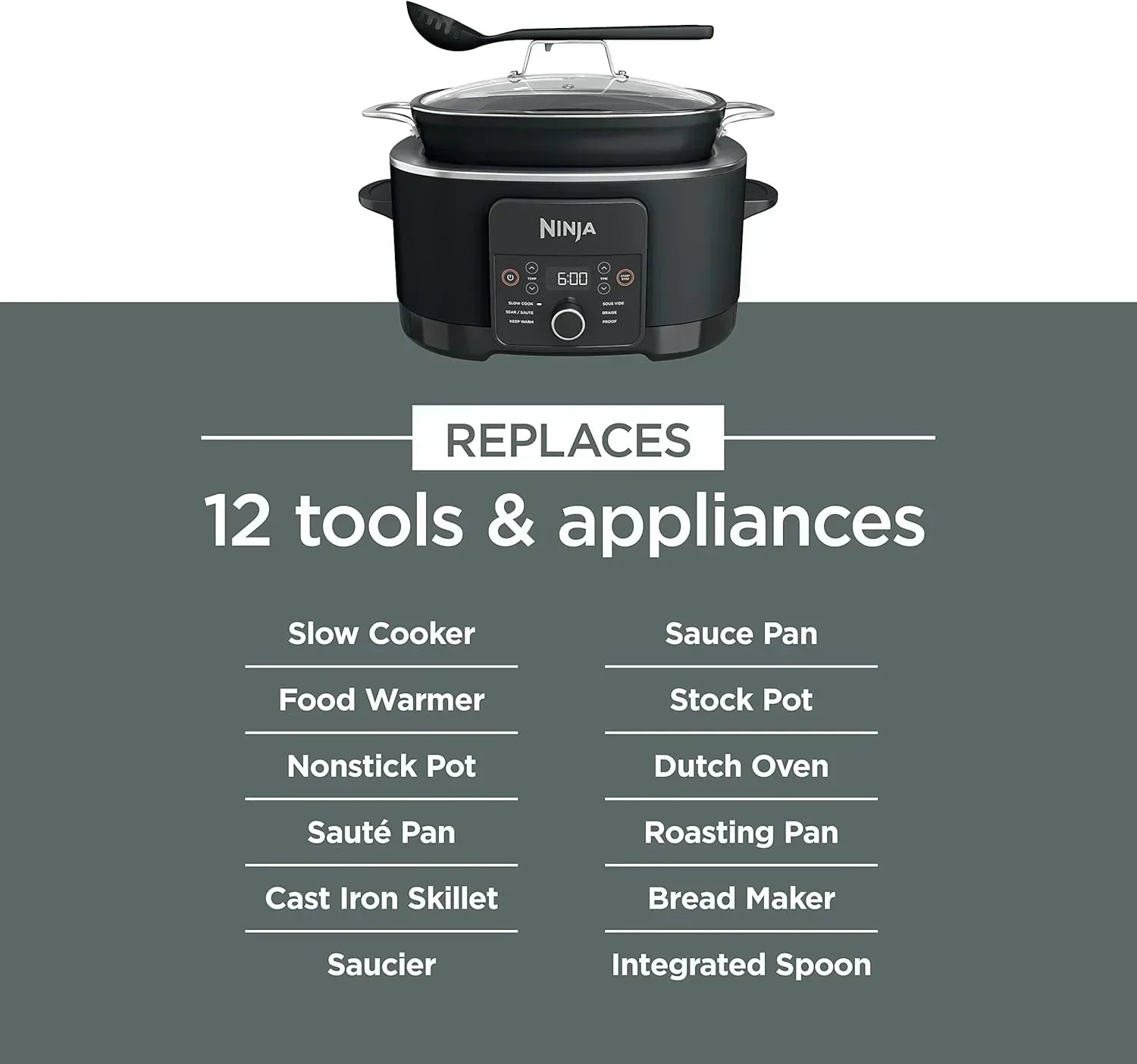 Ninja Slow Cooker 8.5 Quart Multi Cooker with Dutch oven steamer glass lid with integrated spoon wourant