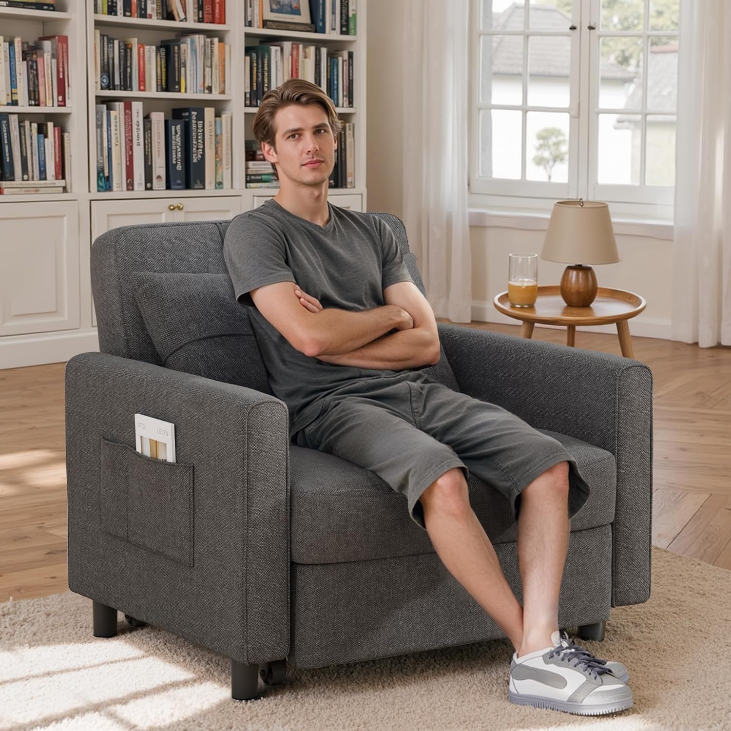 Sofa Bed Chair 3 in 1 Convertible Pullout Single Sleeper Chair Bed Spacious Multifunctional Sofa wourant