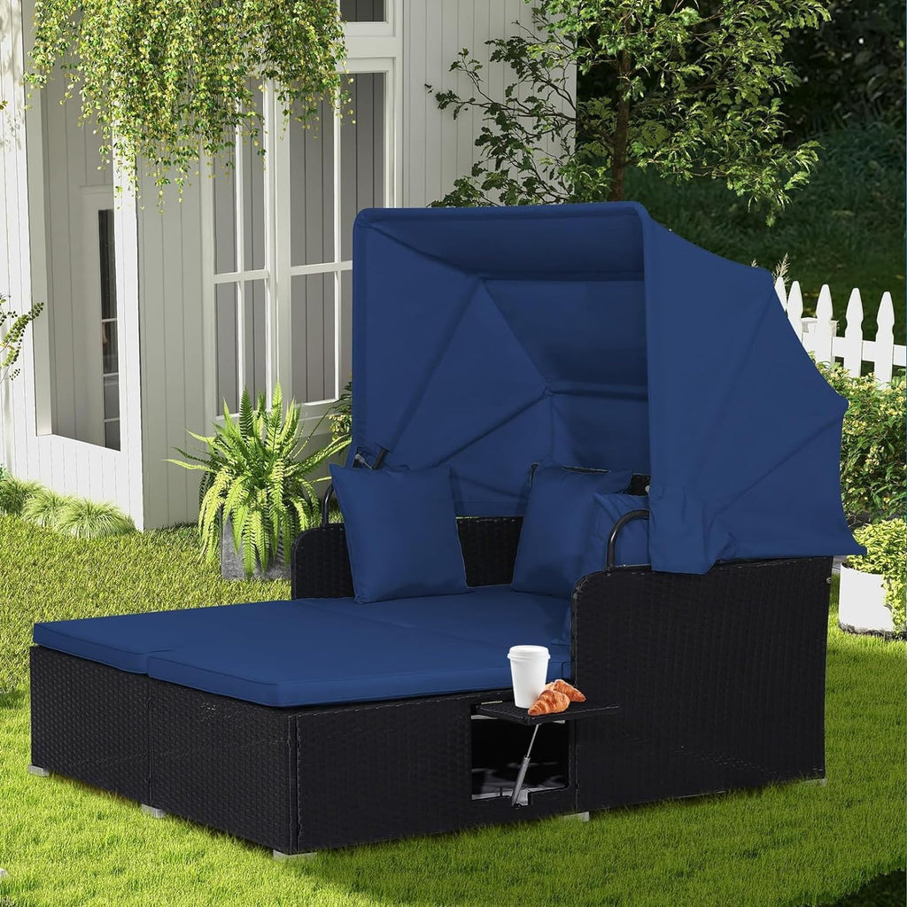 RELAX4LIFE Patio Outdoor Daybed with Canopy Wicker Sunbed Cushions 4 Pillows wourant