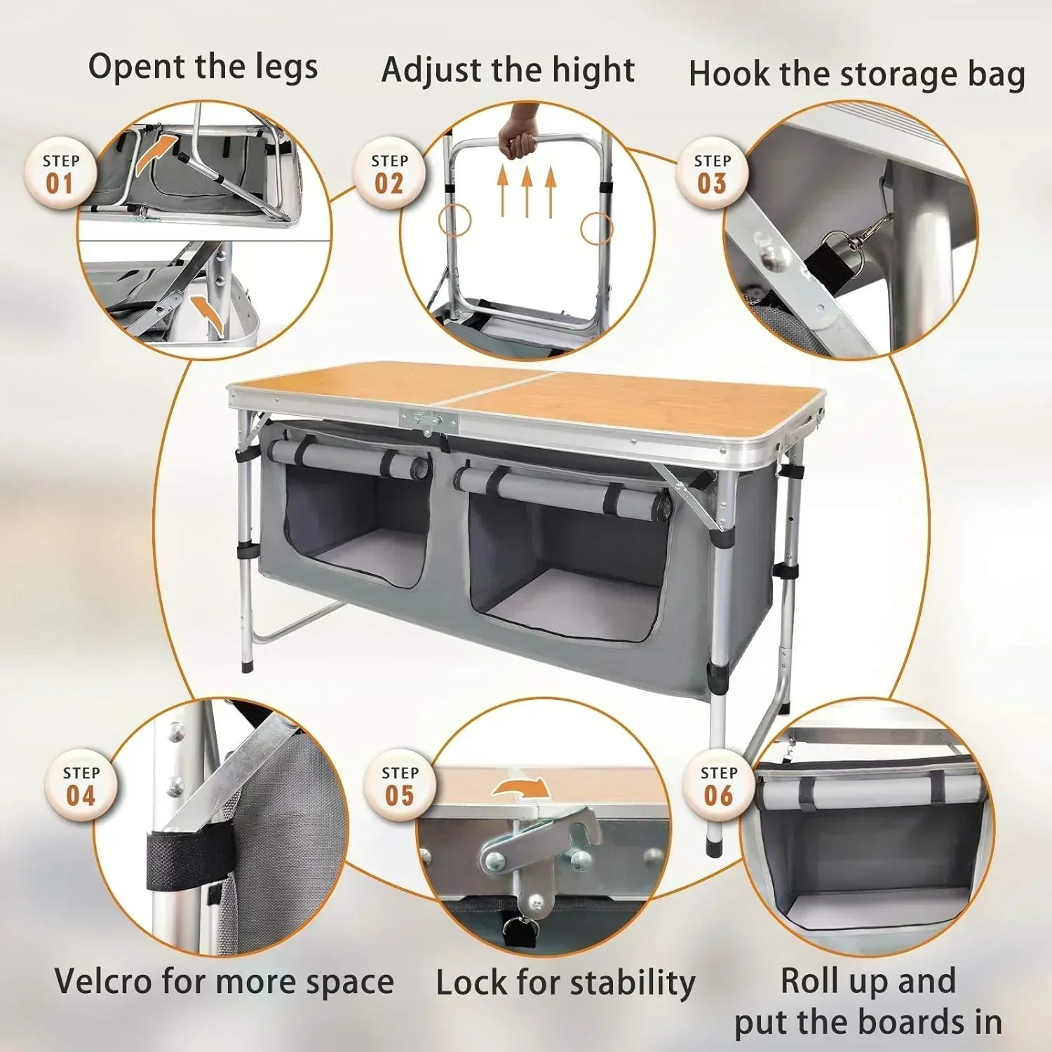 Outdoor Folding Table Aluminum Lightweight Height Adjustable with Storage Organizer wourant