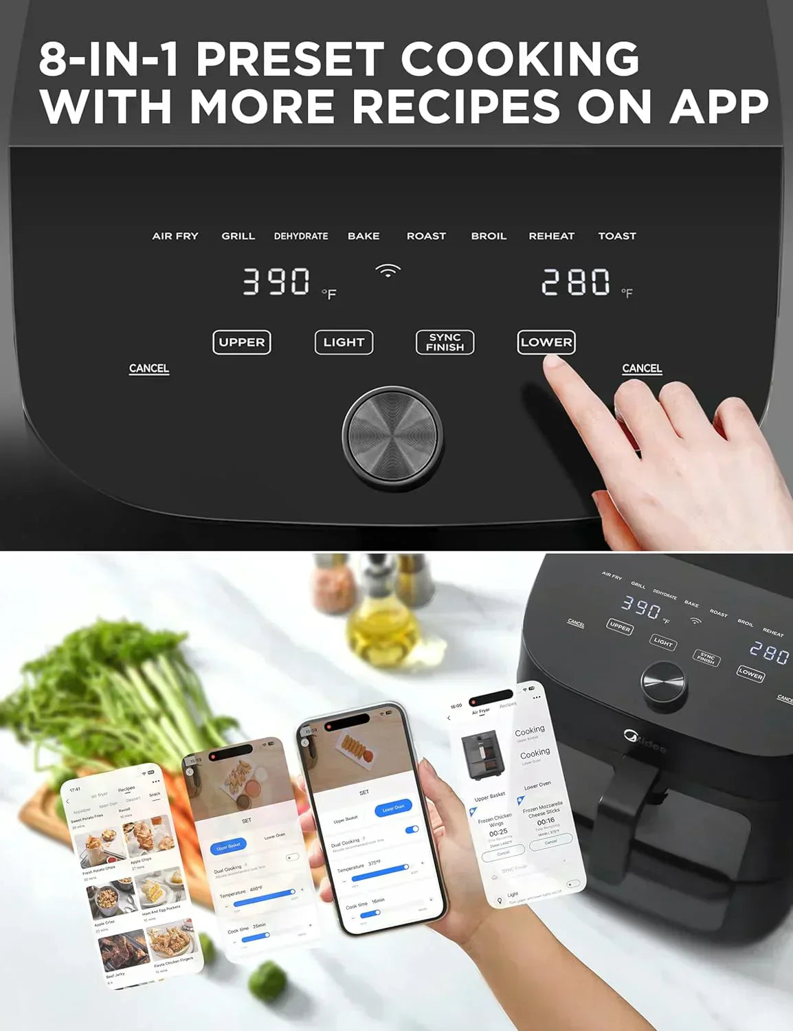 Dual Basket Air Fryer Oven 11 Quart 8 in 1 Functions Clear Window Smart Sync Finish Works wourant