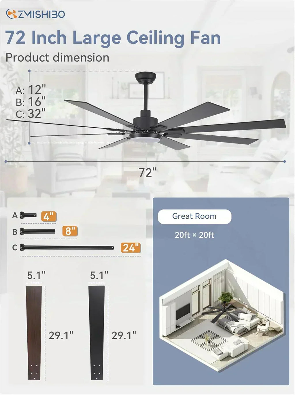 Zmishibo 72-inch large ceiling fan with lighting and remote indoor/outdoor wourant