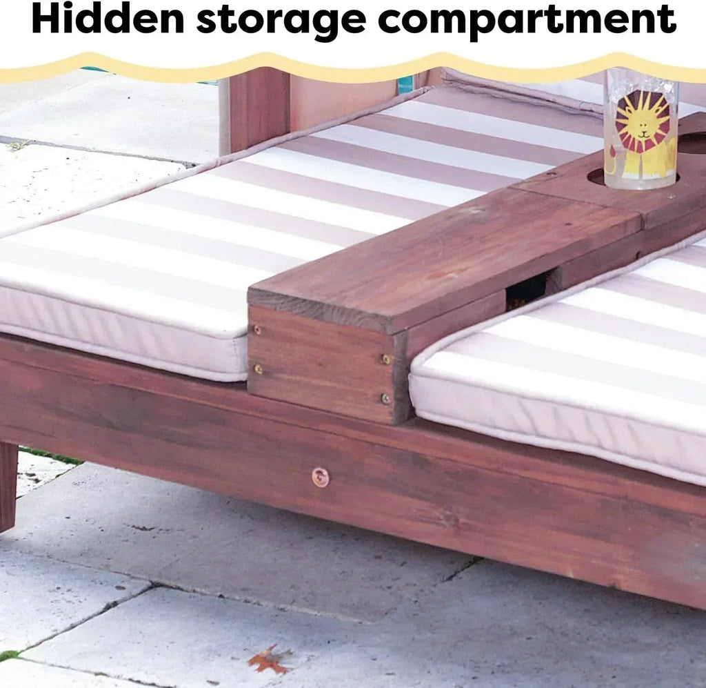 KidKraft Wooden Outdoor Double Chaise Lounge with Cup Holders Kids Patio Furniture Honey wourant