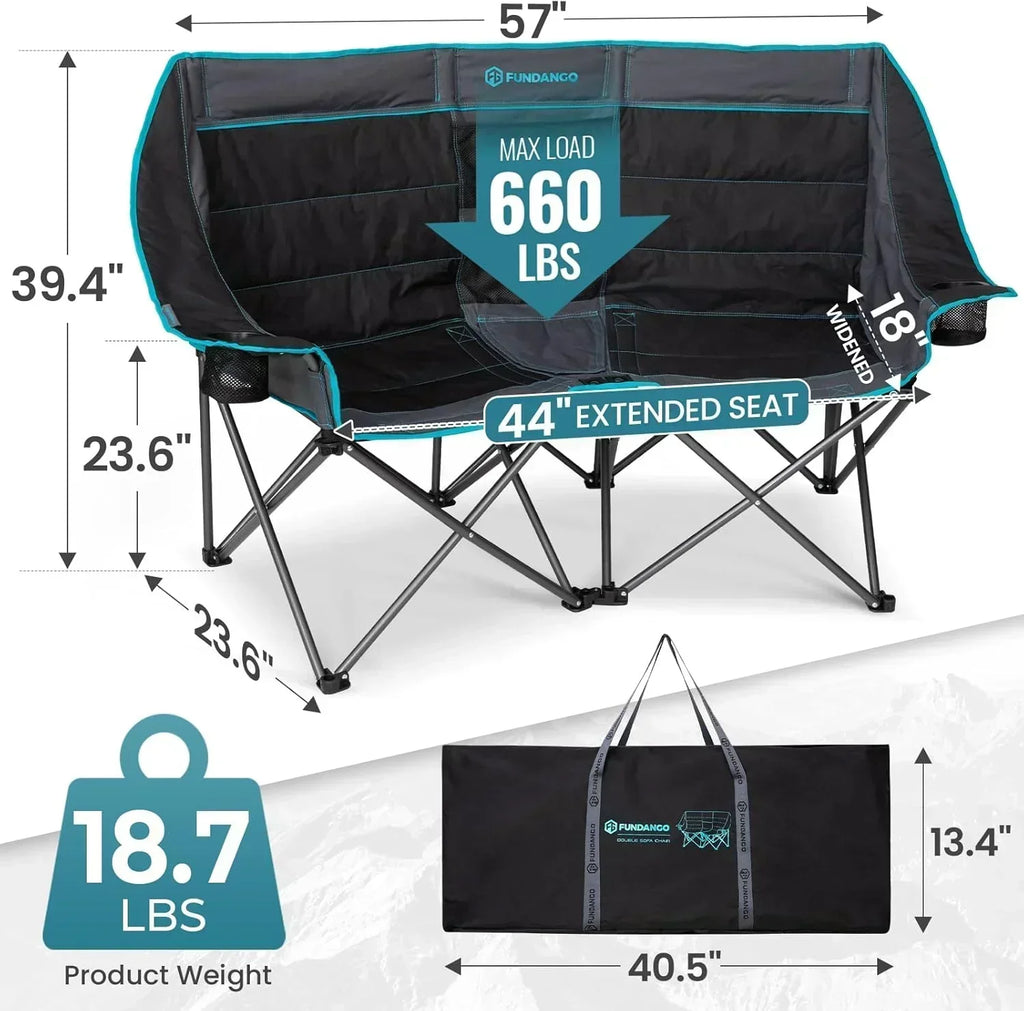 Double Camping Chair Cooler 3-Person Folding Extra Large Camping Chair 1000-Pound Capacity wourant