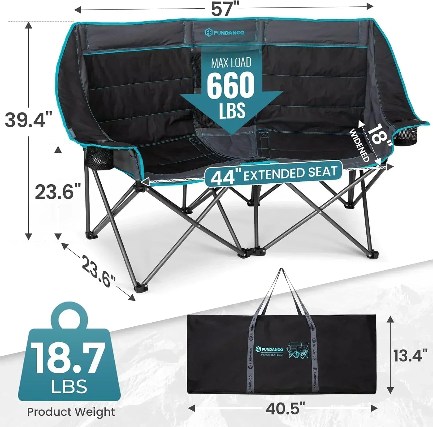 Double Camping Chair Cooler 3-Person Folding Extra Large Camping Chair 1000-Pound Capacity wourant