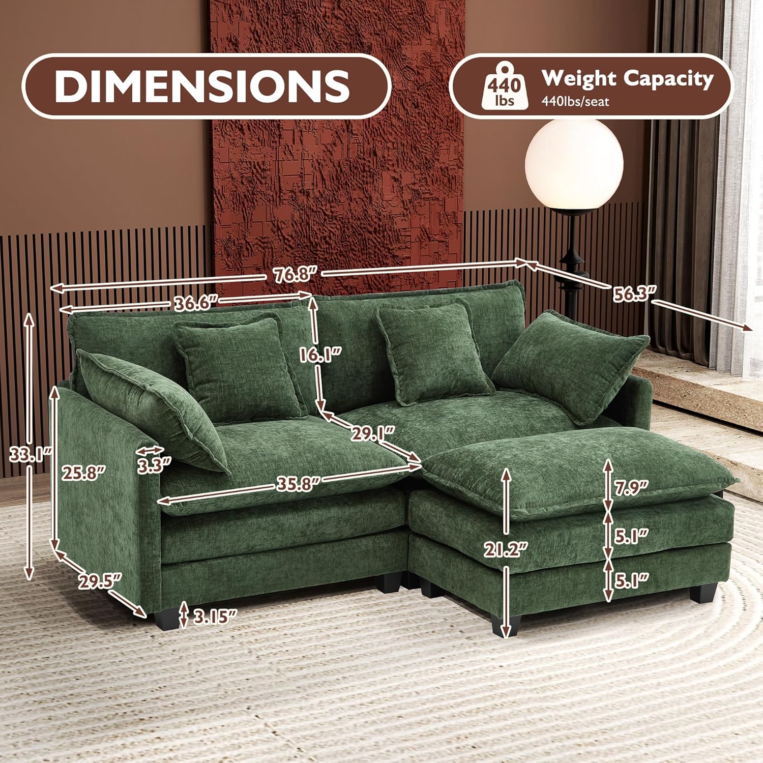111.4 Inch L Shaped Modern Sofa Modular Cloud Sofa with Ottoman 4 Seater Chenille Deep Seat Sofa wourant