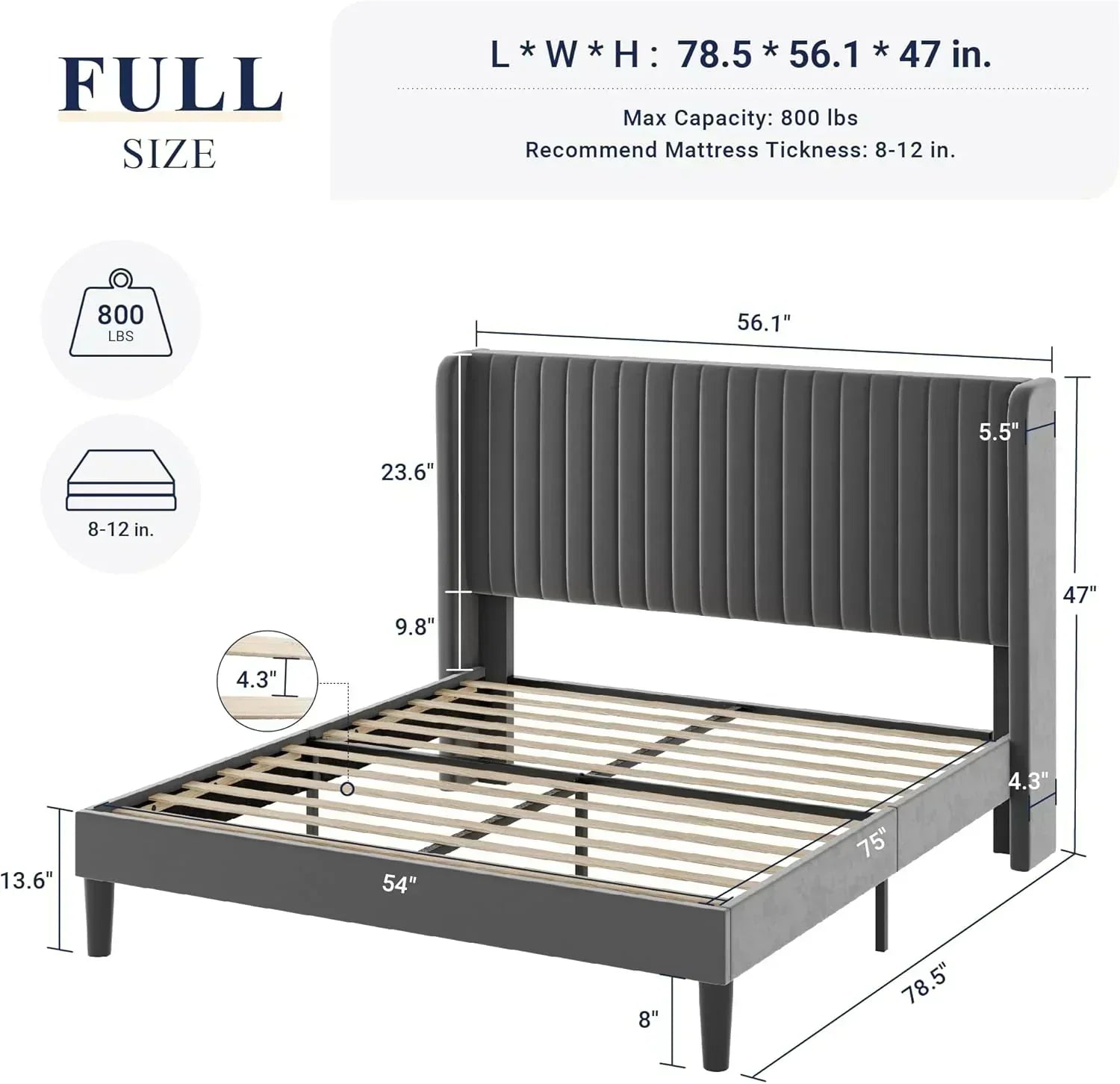 Allewie Full Size Velvet Bed Frame Vertical Channel Tufted Wingback Headboard Upholstered Bed wourant