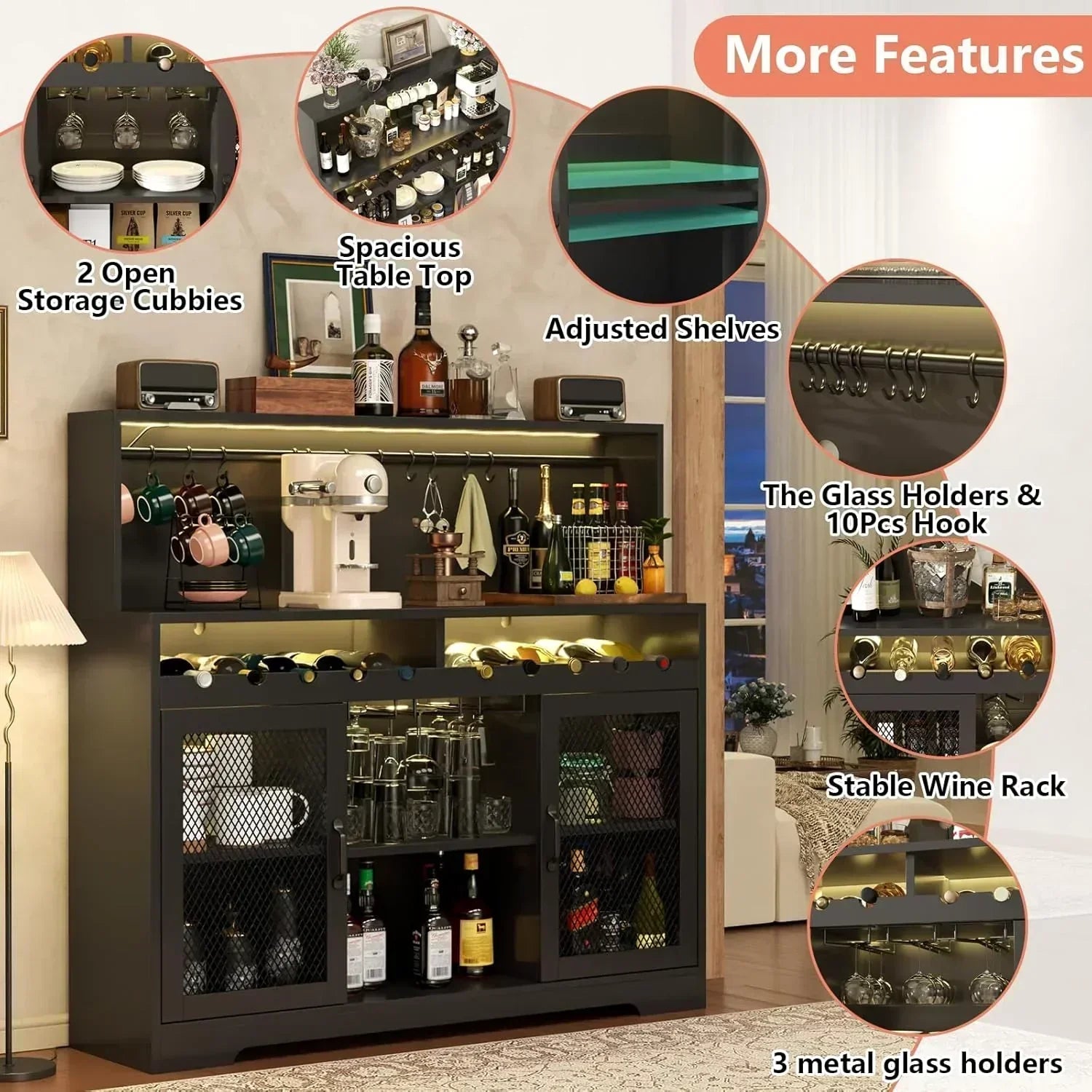 Wine Bar Cabinet with LED Light Liquor Cabinet with Glass Holder Coffee Bar for Liquor wourant