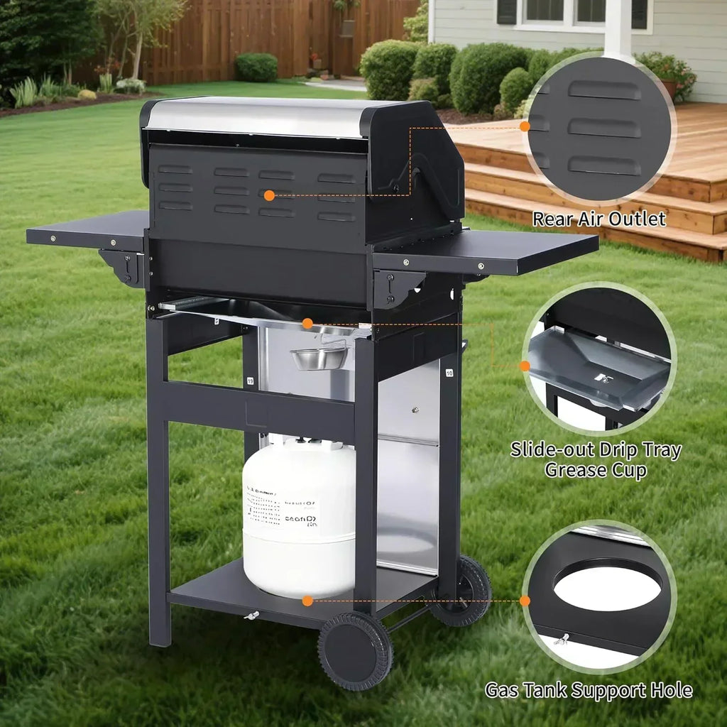 3-Burner Propane Gas Grill 30,000 BTU Output Double-layer Stainless Steel Grill Lid Cooking Grids wourant